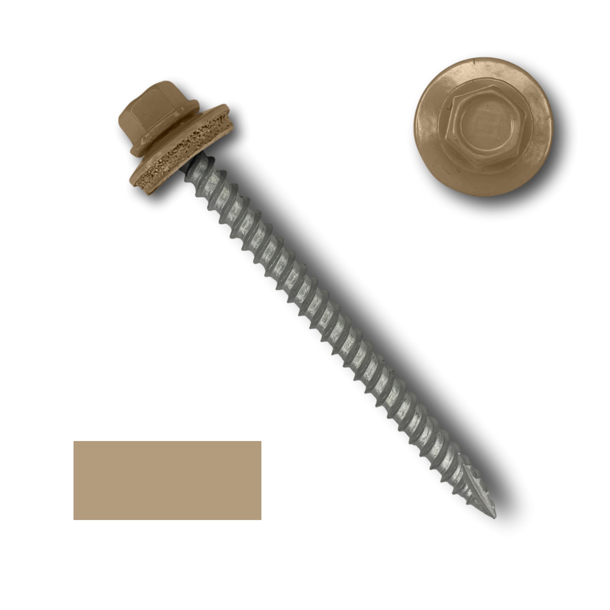 A number 10 Diameter Metal Roofing Screw that is 2.5 inches long with a 1/4 inch Hex Head and an EPDM Rubber Washer. The screw features a Type 17 sharp tip for drilling into wood decking. There is a color swatch of the screw head in the bottom left corner and a close-up of the screw head in the top right corner. The screw head is Sahara Tan in color.