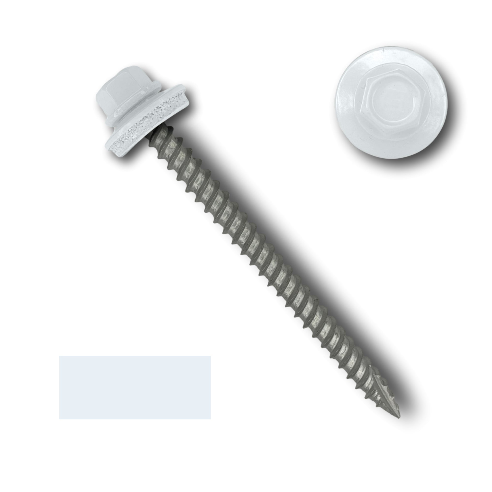 A number 10 Diameter Metal Roofing Screw that is 2.5 inches long with a 1/4 inch Hex Head and an EPDM Rubber Washer. The screw features a Type 17 sharp tip for drilling into wood decking. There is a color swatch of the screw head in the bottom left corner and a close-up of the screw head in the top right corner. The screw head is White in color.