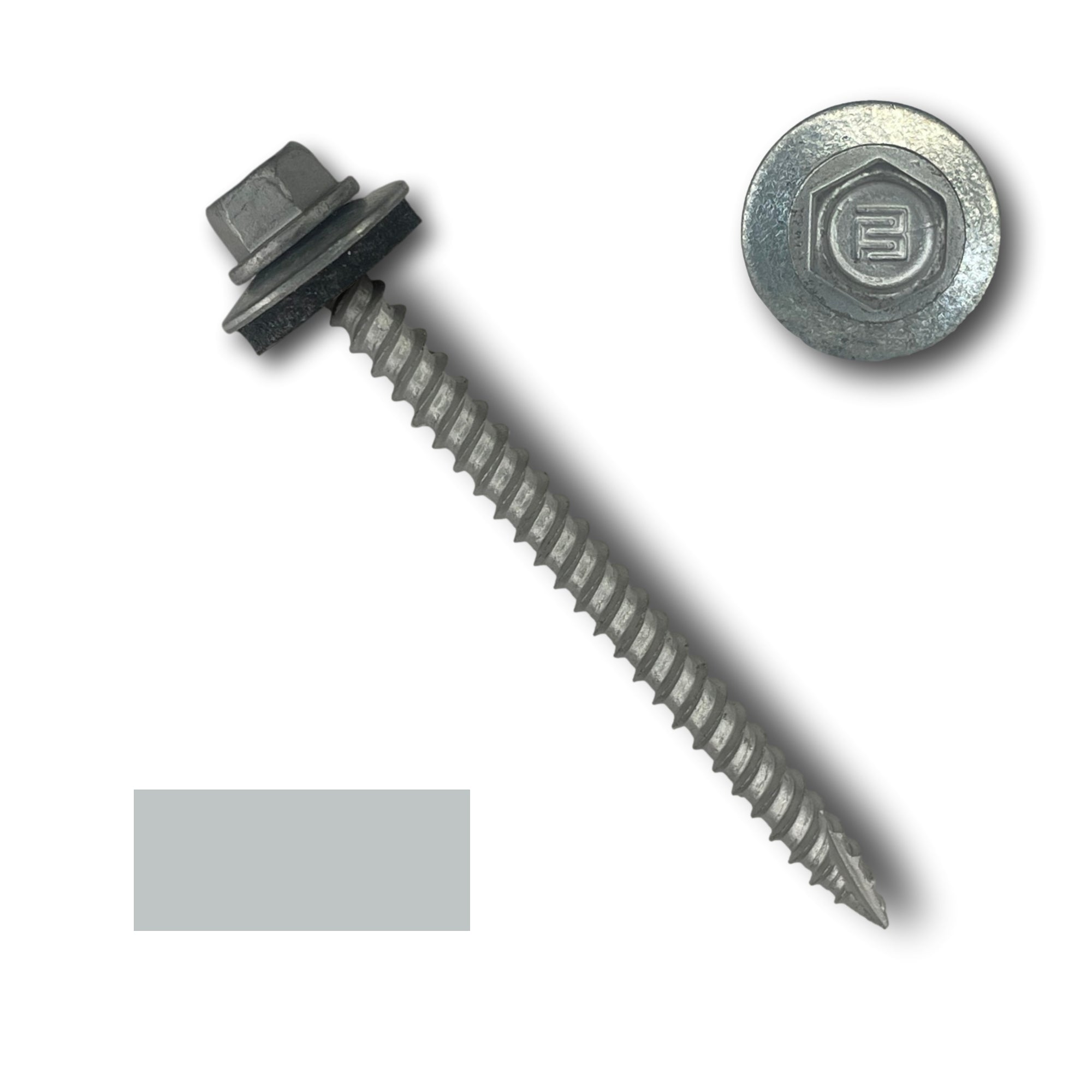 A number 10 Diameter Metal Roofing Screw that is 2.5 inches long with a 1/4 inch Hex Head and an EPDM Rubber Washer. The screw features a Type 17 sharp tip for drilling into wood decking. There is a color swatch of the screw head in the bottom left corner and a close-up of the screw head in the top right corner. The screw is Zinc/Unpainted in color.