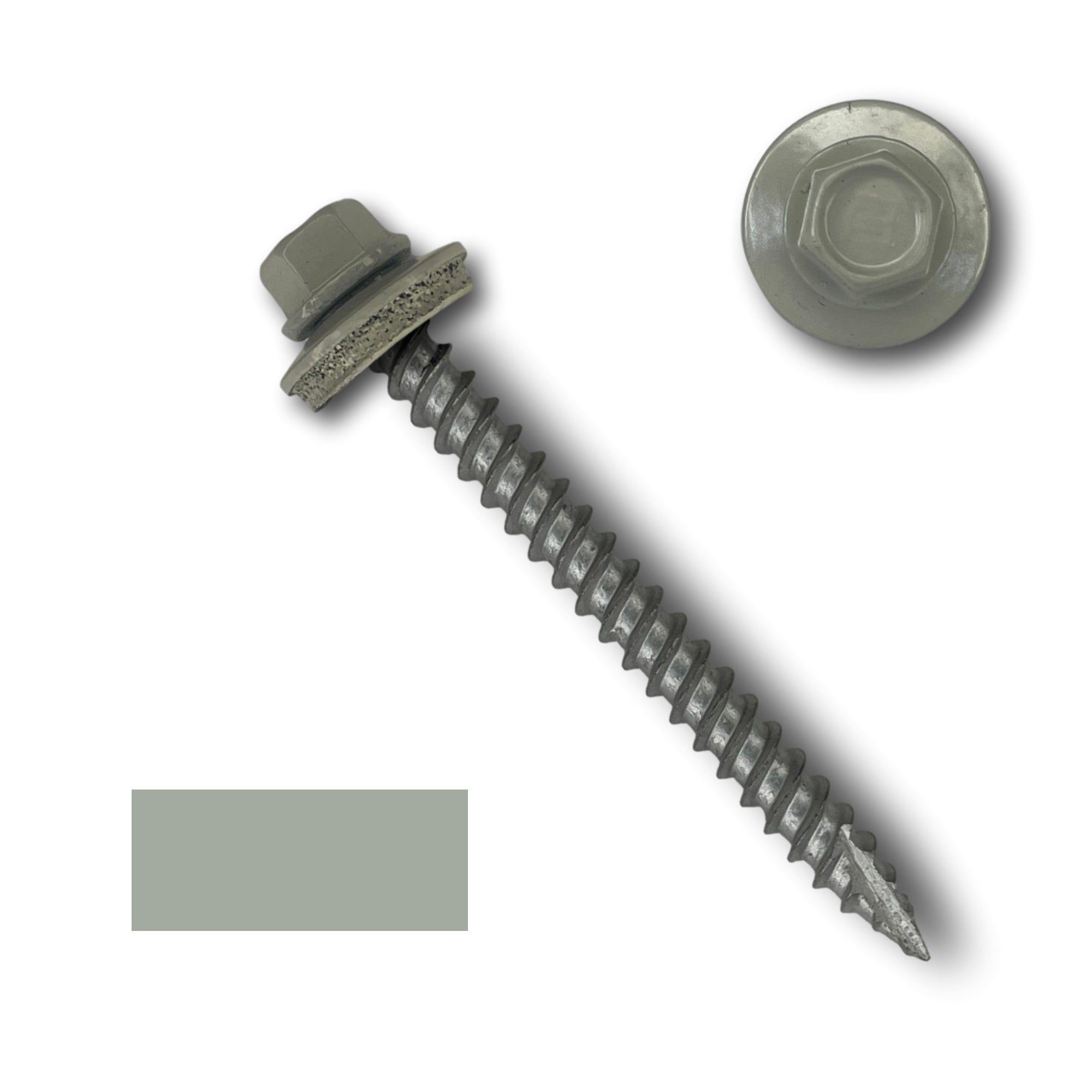 A number 10 Diameter Metal Roofing Screw that is 2 inches long with a 1/4 inch Hex Head and an EPDM Rubber Washer. The screw features a Type 17 sharp tip for drilling into wood decking. There is a color swatch of the screw head in the bottom left corner and a close-up of the screw head in the top right corner. The screw head is Ash Gray in color.