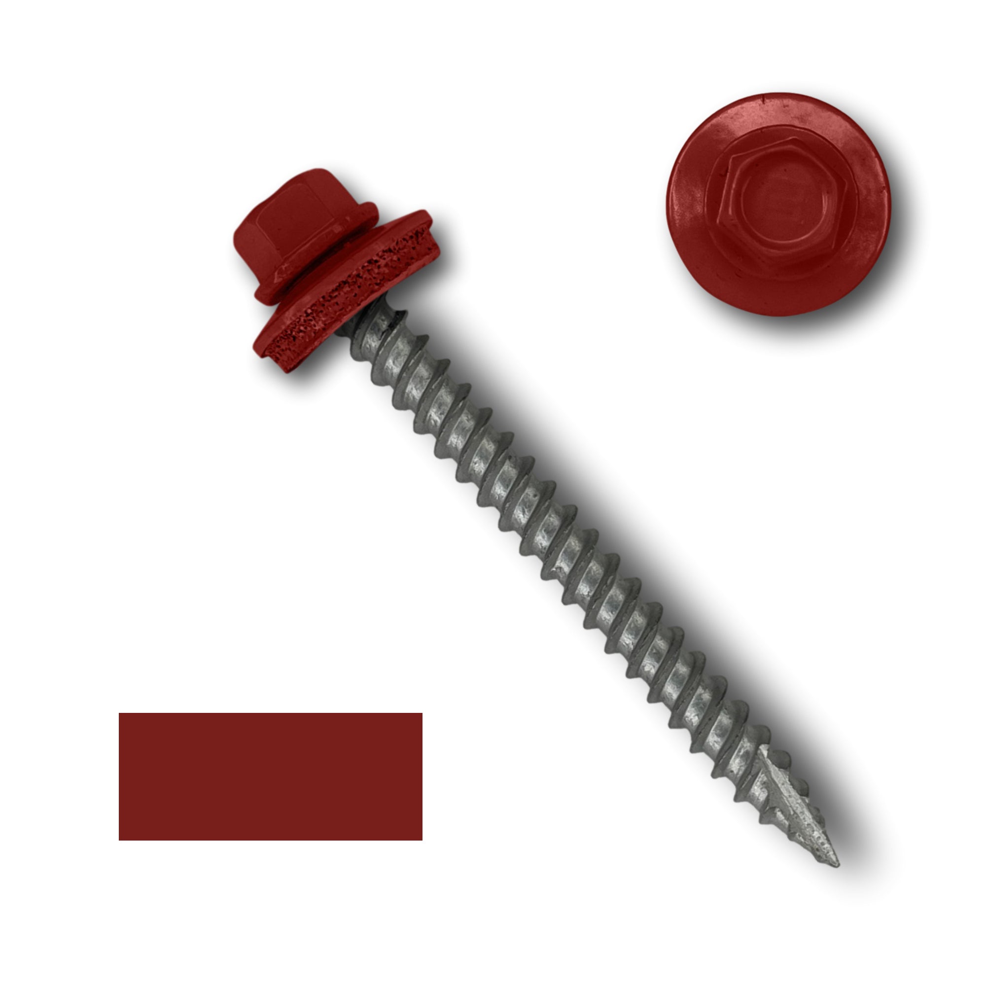A number 10 Diameter Metal Roofing Screw that is 2 inches long with a 1/4 inch Hex Head and an EPDM Rubber Washer. The screw features a Type 17 sharp tip for drilling into wood decking. There is a color swatch of the screw head in the bottom left corner and a close-up of the screw head in the top right corner. The screw head is Barn Red in color.