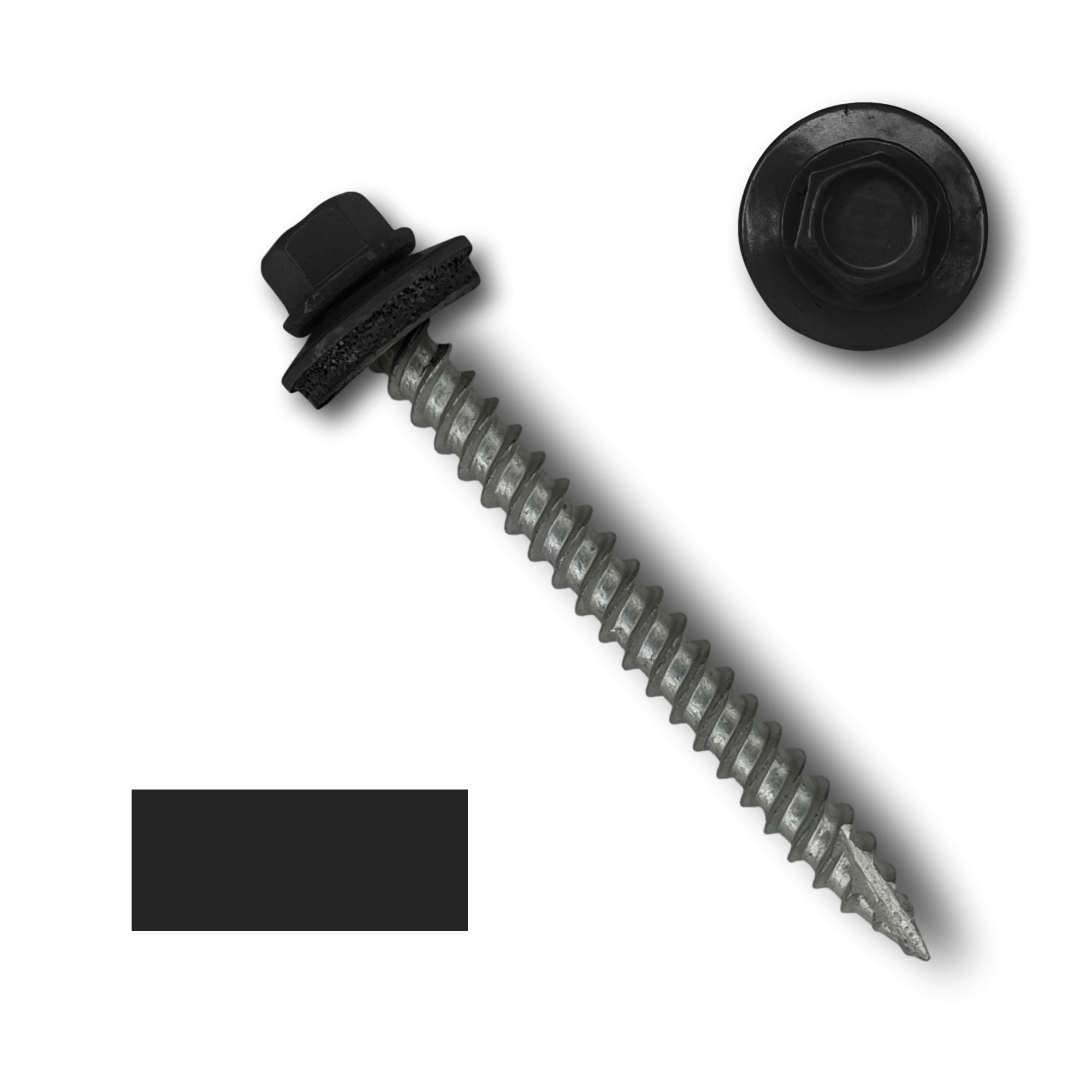 A number 10 Diameter Metal Roofing Screw that is 2 inches long with a 1/4 inch Hex Head and an EPDM Rubber Washer. The screw features a Type 17 sharp tip for drilling into wood decking. There is a color swatch of the screw head in the bottom left corner and a close-up of the screw head in the top right corner. The screw head is Black in color.