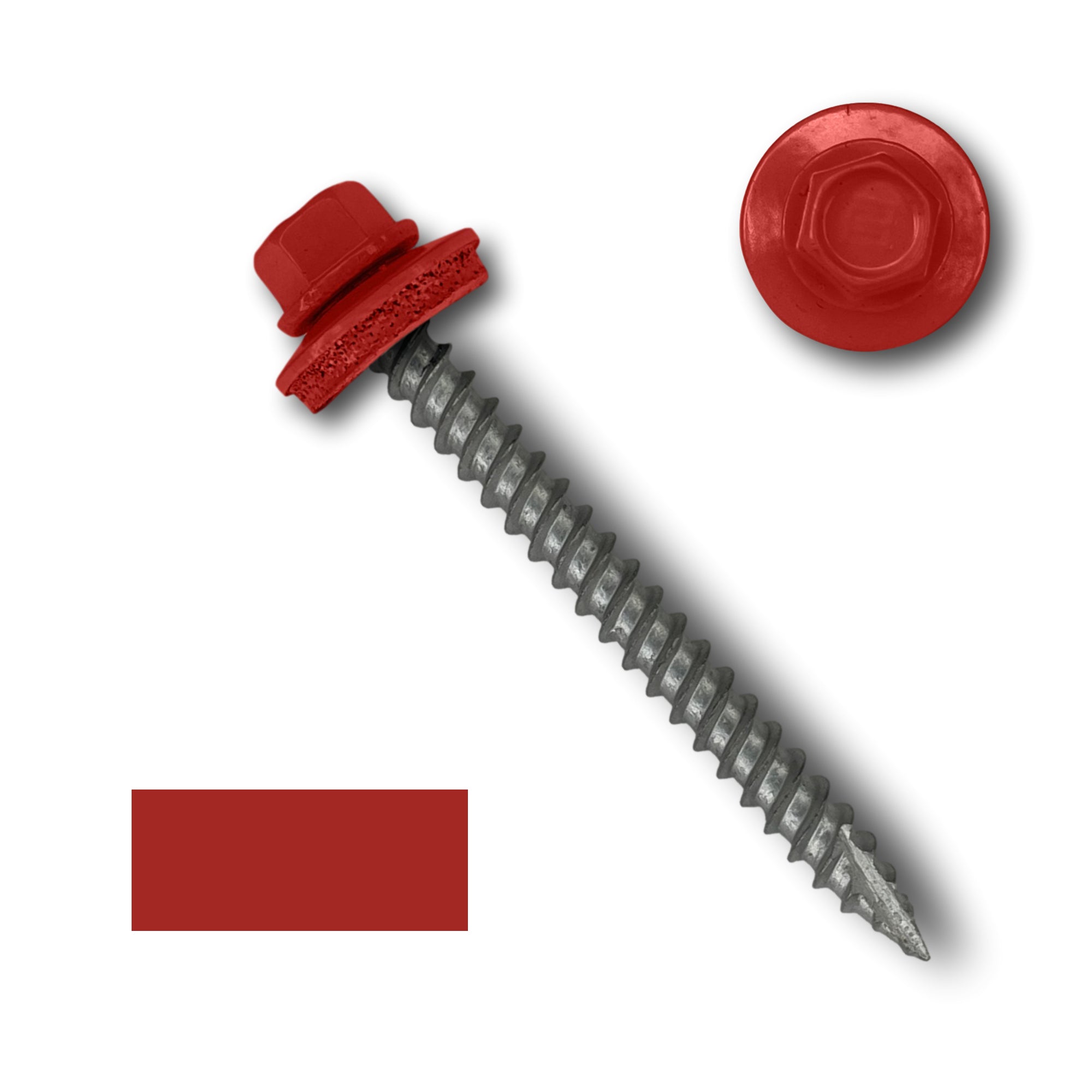 A number 10 Diameter Metal Roofing Screw that is 2 inches long with a 1/4 inch Hex Head and an EPDM Rubber Washer. The screw features a Type 17 sharp tip for drilling into wood decking. There is a color swatch of the screw head in the bottom left corner and a close-up of the screw head in the top right corner. The screw head is Bright Red in color.