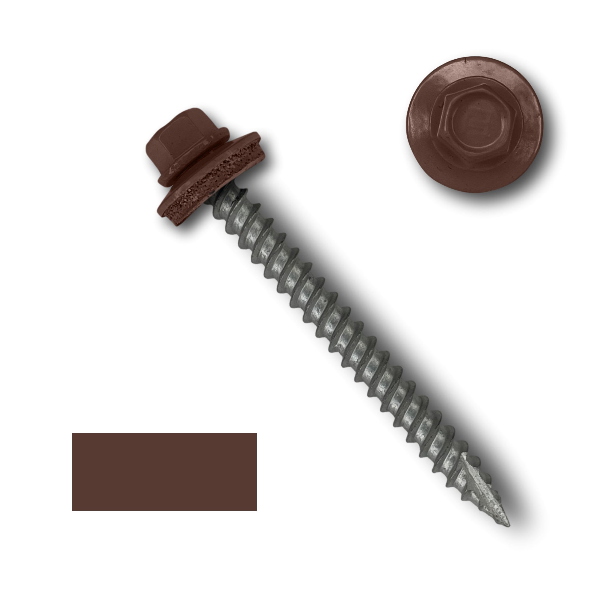A number 10 Diameter Metal Roofing Screw that is 2 inches long with a 1/4 inch Hex Head and an EPDM Rubber Washer. The screw features a Type 17 sharp tip for drilling into wood decking. There is a color swatch of the screw head in the bottom left corner and a close-up of the screw head in the top right corner. The screw head is Brown in color.