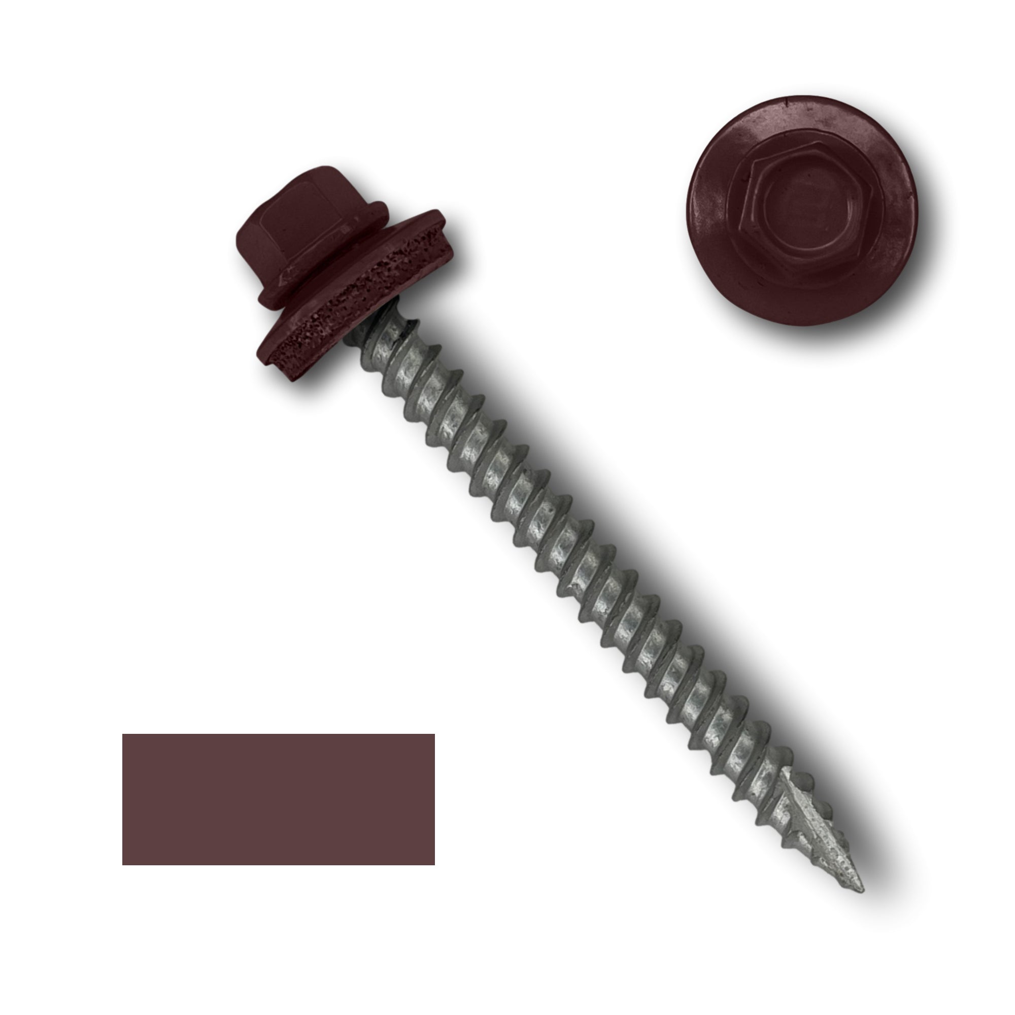 A number 10 Diameter Metal Roofing Screw that is 2 inches long with a 1/4 inch Hex Head and an EPDM Rubber Washer. The screw features a Type 17 sharp tip for drilling into wood decking. There is a color swatch of the screw head in the bottom left corner and a close-up of the screw head in the top right corner. The screw head is Burgundy in color.