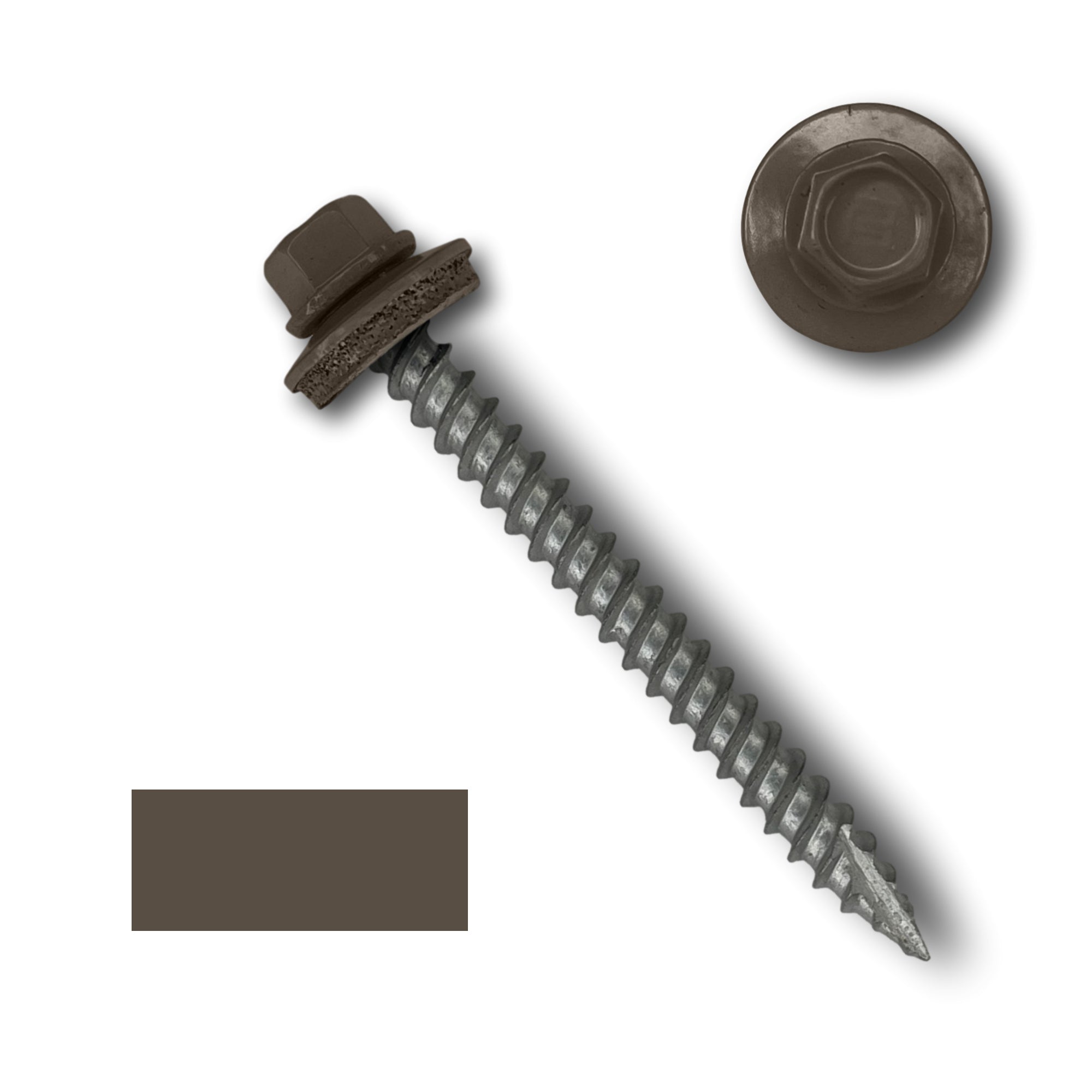 A number 10 Diameter Metal Roofing Screw that is 2 inches long with a 1/4 inch Hex Head and an EPDM Rubber Washer. The screw features a Type 17 sharp tip for drilling into wood decking. There is a color swatch of the screw head in the bottom left corner and a close-up of the screw head in the top right corner. The screw head is Burnished Slate in color.