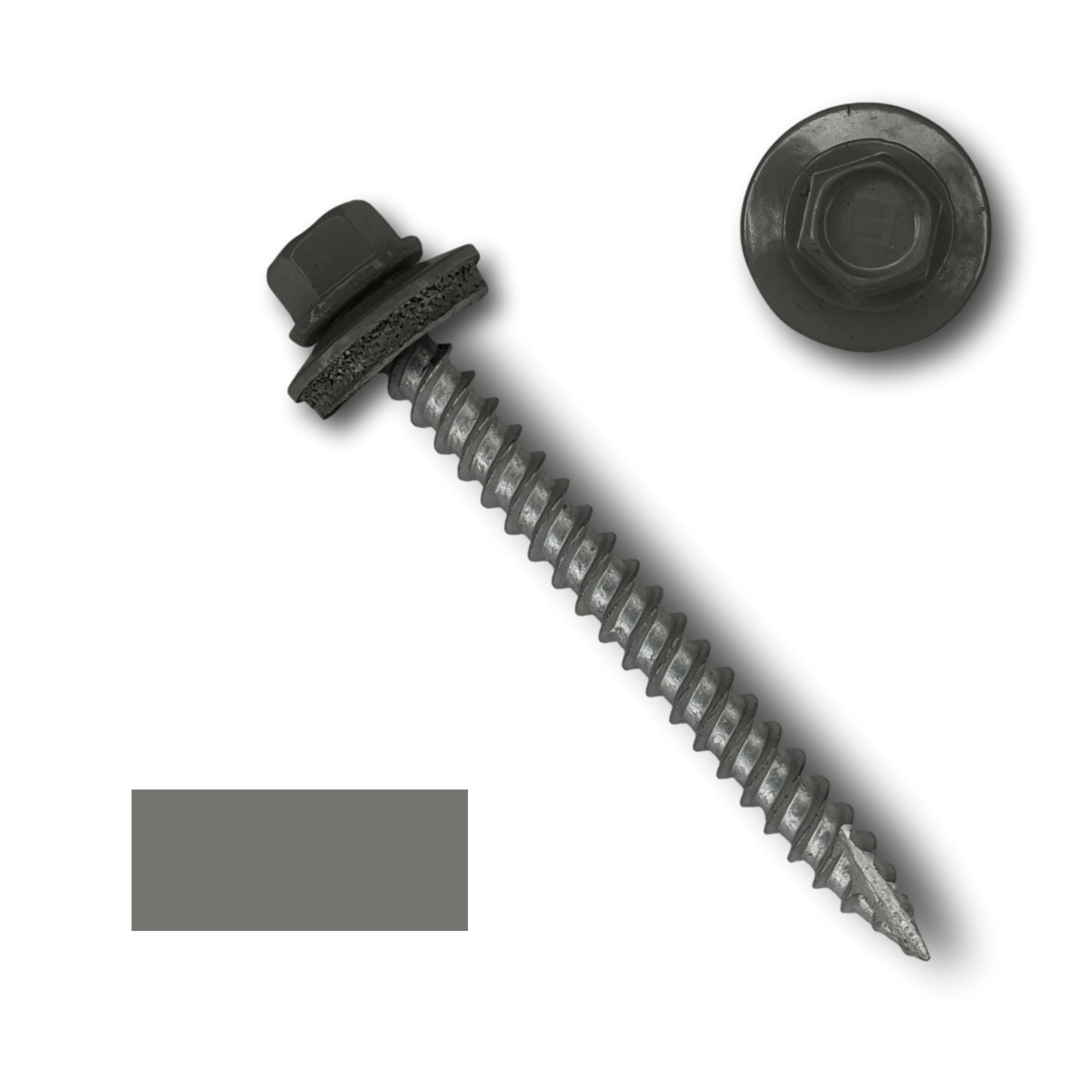 A number 10 Diameter Metal Roofing Screw that is 2 inches long with a 1/4 inch Hex Head and an EPDM Rubber Washer. The screw features a Type 17 sharp tip for drilling into wood decking. There is a color swatch of the screw head in the bottom left corner and a close-up of the screw head in the top right corner. The screw head is Charcoal Gray in color.