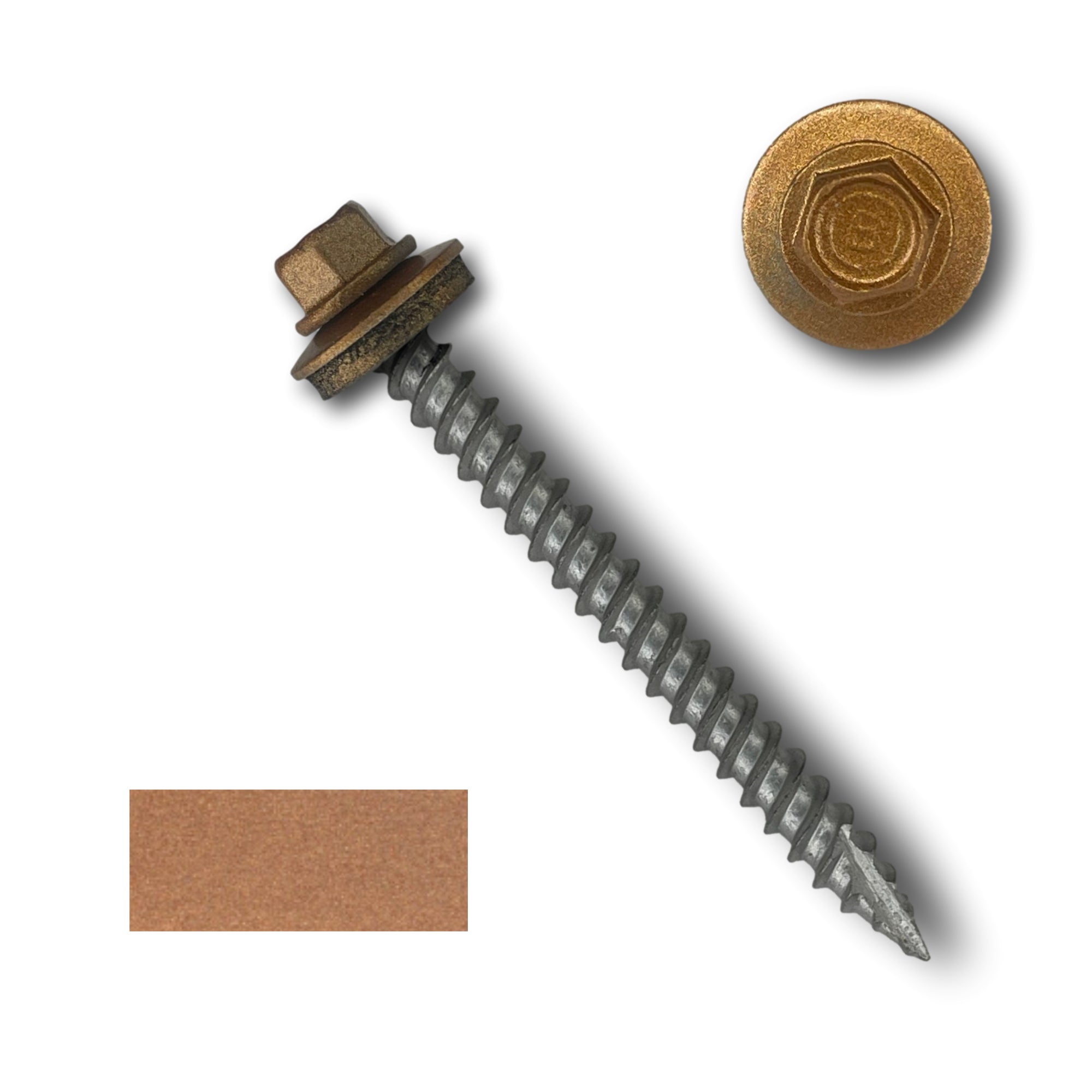 A number 10 Diameter Metal Roofing Screw that is 2 inches long with a 1/4 inch Hex Head and an EPDM Rubber Washer. The screw features a Type 17 sharp tip for drilling into wood decking. There is a color swatch of the screw head in the bottom left corner and a close-up of the screw head in the top right corner. The screw head is Copper Metallic in color.
