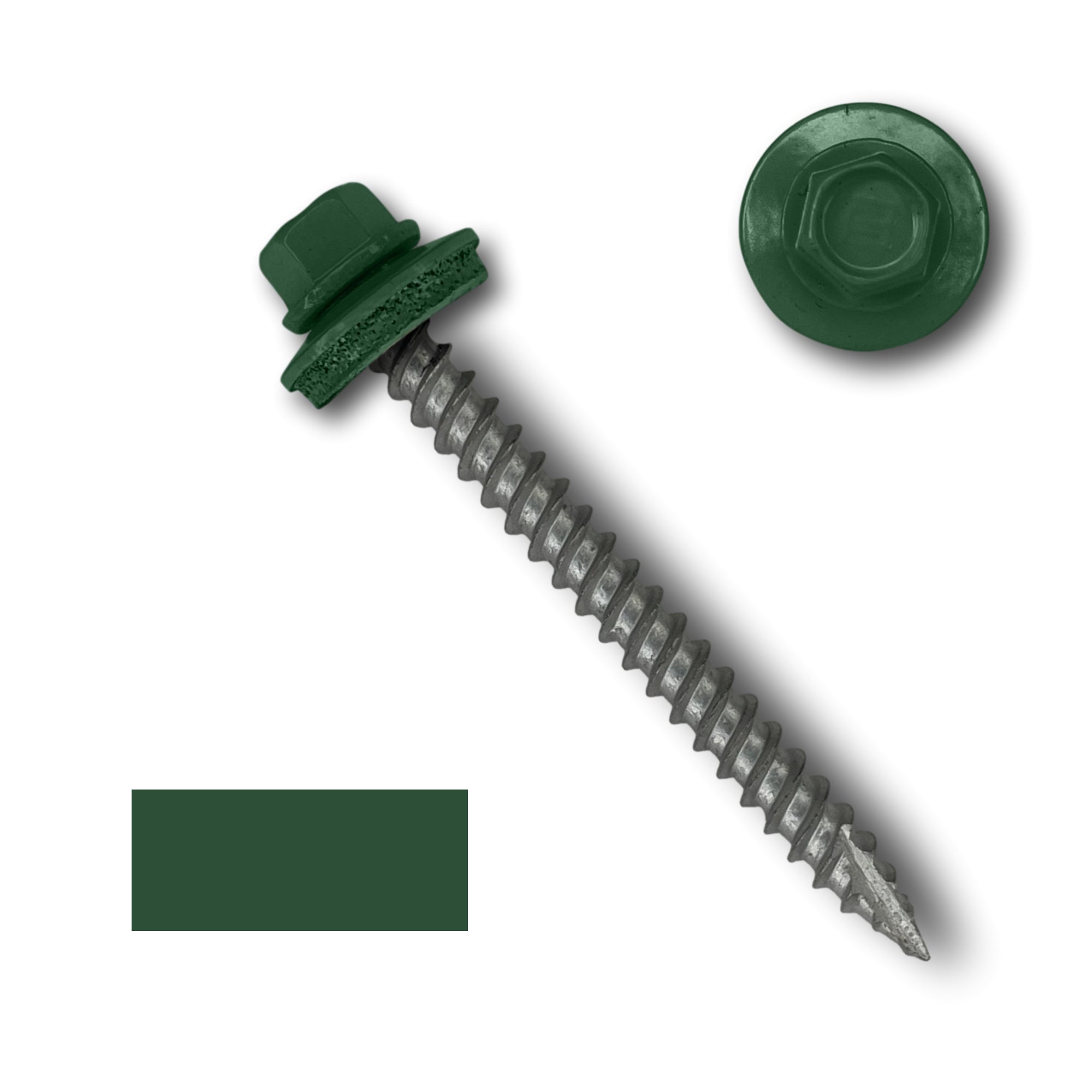 A number 10 Diameter Metal Roofing Screw that is 2 inches long with a 1/4 inch Hex Head and an EPDM Rubber Washer. The screw features a Type 17 sharp tip for drilling into wood decking. There is a color swatch of the screw head in the bottom left corner and a close-up of the screw head in the top right corner. The screw head is Evergreen in color.