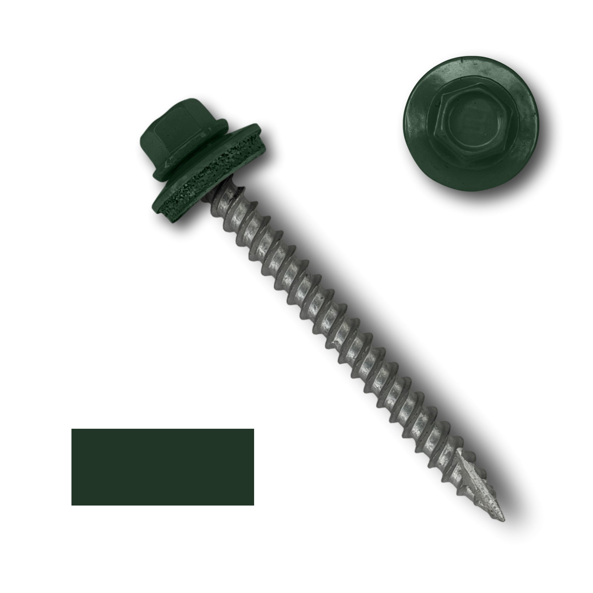 A number 10 Diameter Metal Roofing Screw that is 2 inches long with a 1/4 inch Hex Head and an EPDM Rubber Washer. The screw features a Type 17 sharp tip for drilling into wood decking. There is a color swatch of the screw head in the bottom left corner and a close-up of the screw head in the top right corner. The screw head is Forest Green in color.