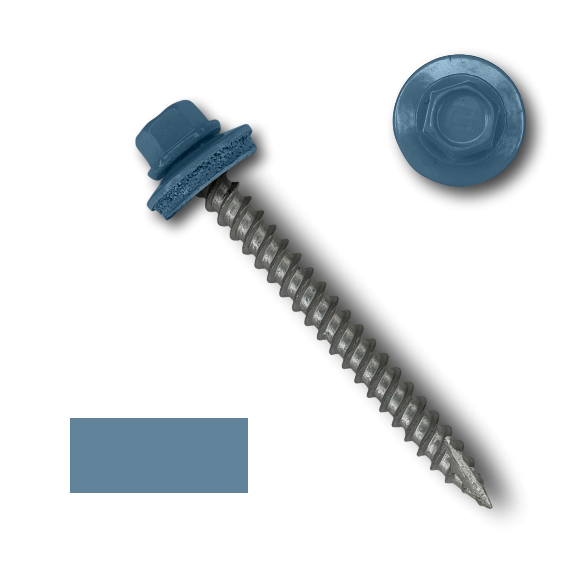 A number 10 Diameter Metal Roofing Screw that is 2 inches long with a 1/4 inch Hex Head and an EPDM Rubber Washer. The screw features a Type 17 sharp tip for drilling into wood decking. There is a color swatch of the screw head in the bottom left corner and a close-up of the screw head in the top right corner. The screw head is Hawaiian Blue in color.