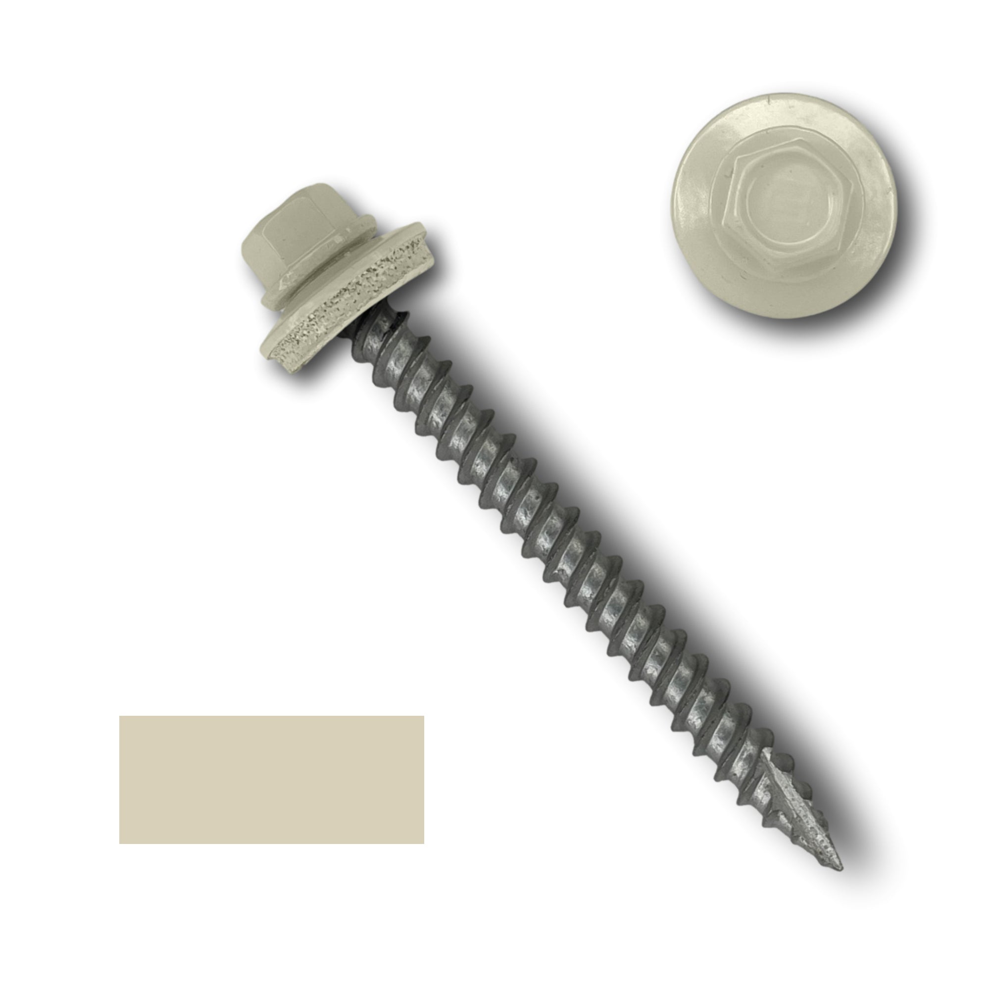 A number 10 Diameter Metal Roofing Screw that is 2 inches long with a 1/4 inch Hex Head and an EPDM Rubber Washer. The screw features a Type 17 sharp tip for drilling into wood decking. There is a color swatch of the screw head in the bottom left corner and a close-up of the screw head in the top right corner. The screw head is Lightstone in color.