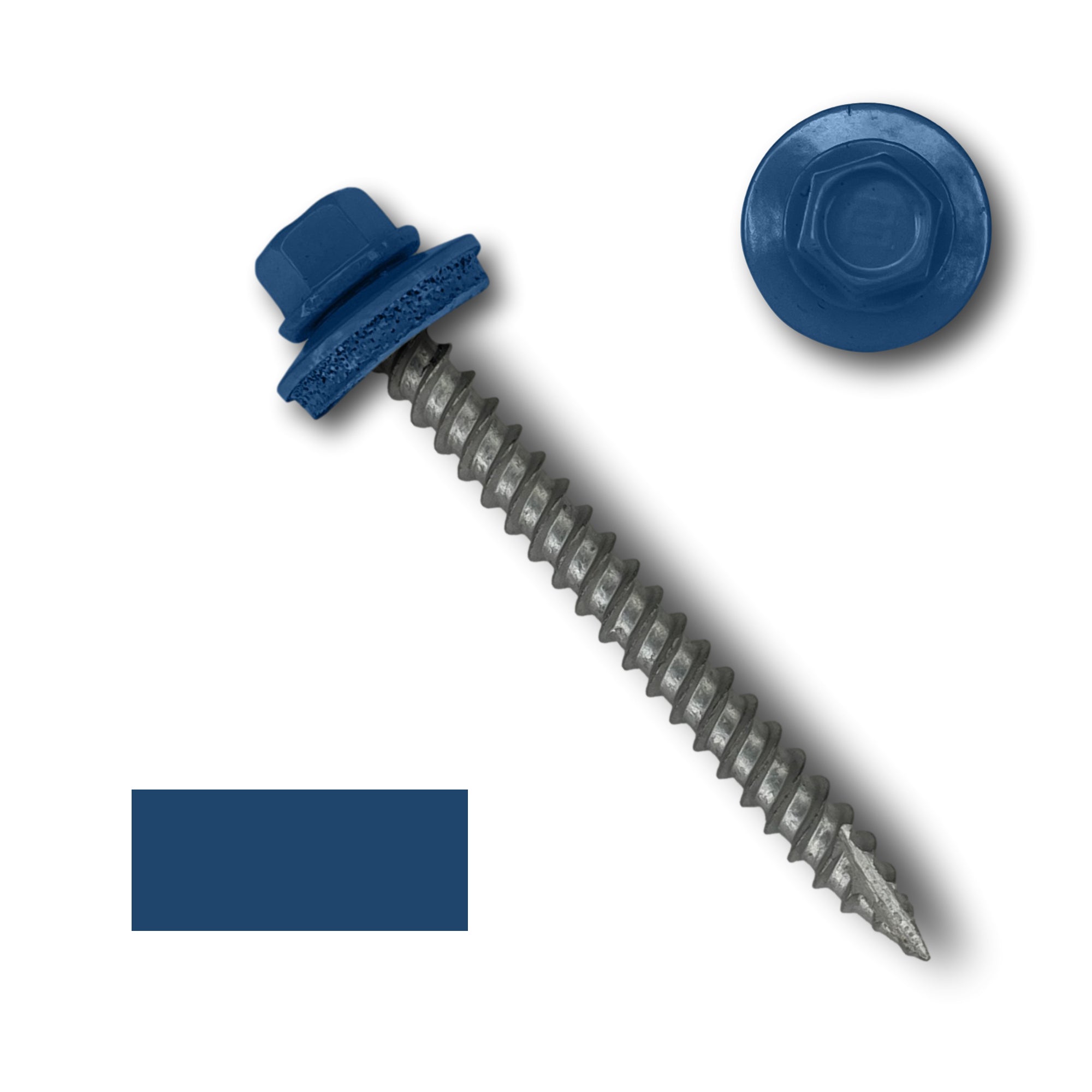 A number 10 Diameter Metal Roofing Screw that is 2 inches long with a 1/4 inch Hex Head and an EPDM Rubber Washer. The screw features a Type 17 sharp tip for drilling into wood decking. There is a color swatch of the screw head in the bottom left corner and a close-up of the screw head in the top right corner. The screw head is Regal Blue in color.