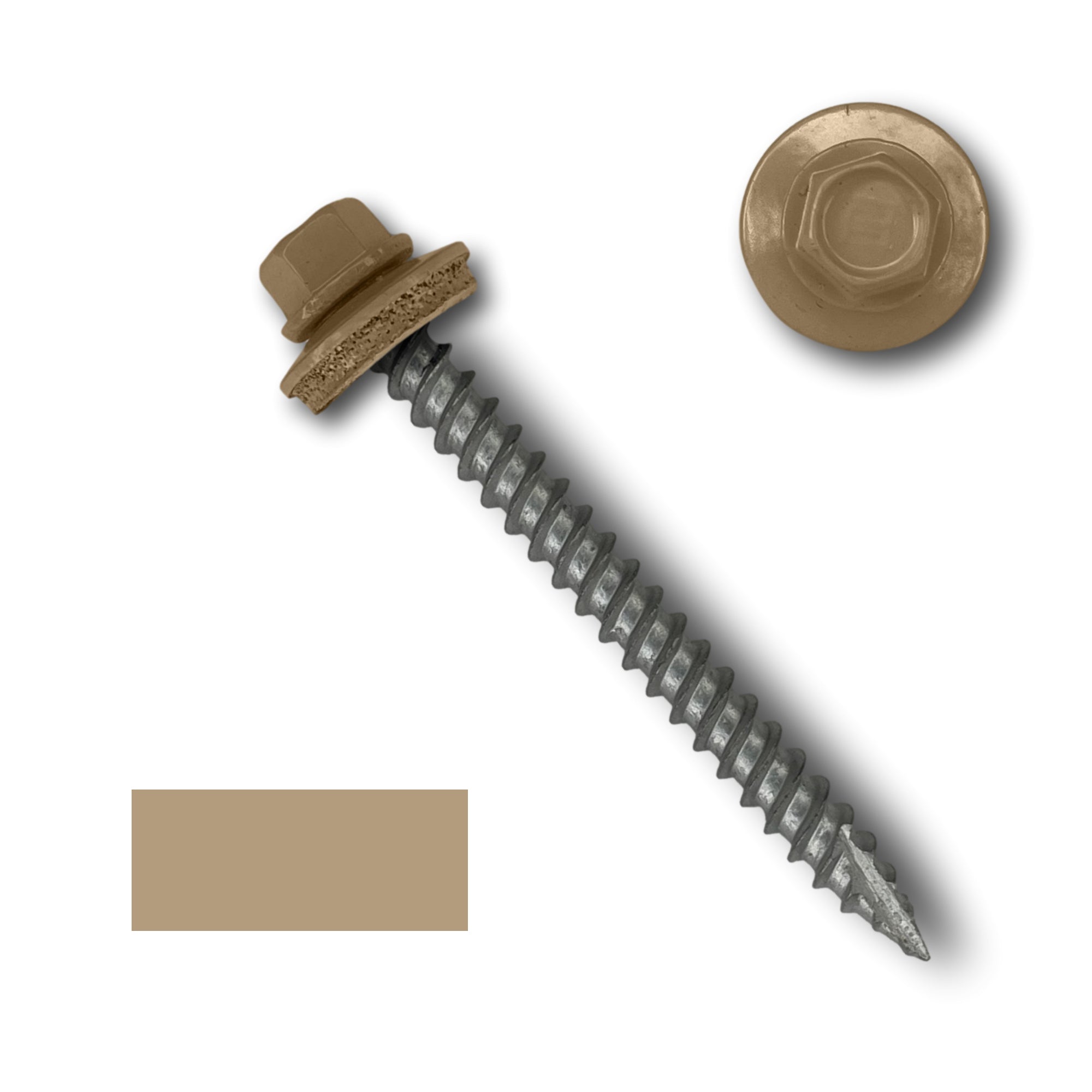 A number 10 Diameter Metal Roofing Screw that is 2 inches long with a 1/4 inch Hex Head and an EPDM Rubber Washer. The screw features a Type 17 sharp tip for drilling into wood decking. There is a color swatch of the screw head in the bottom left corner and a close-up of the screw head in the top right corner. The screw head is Sahara Tan in color.