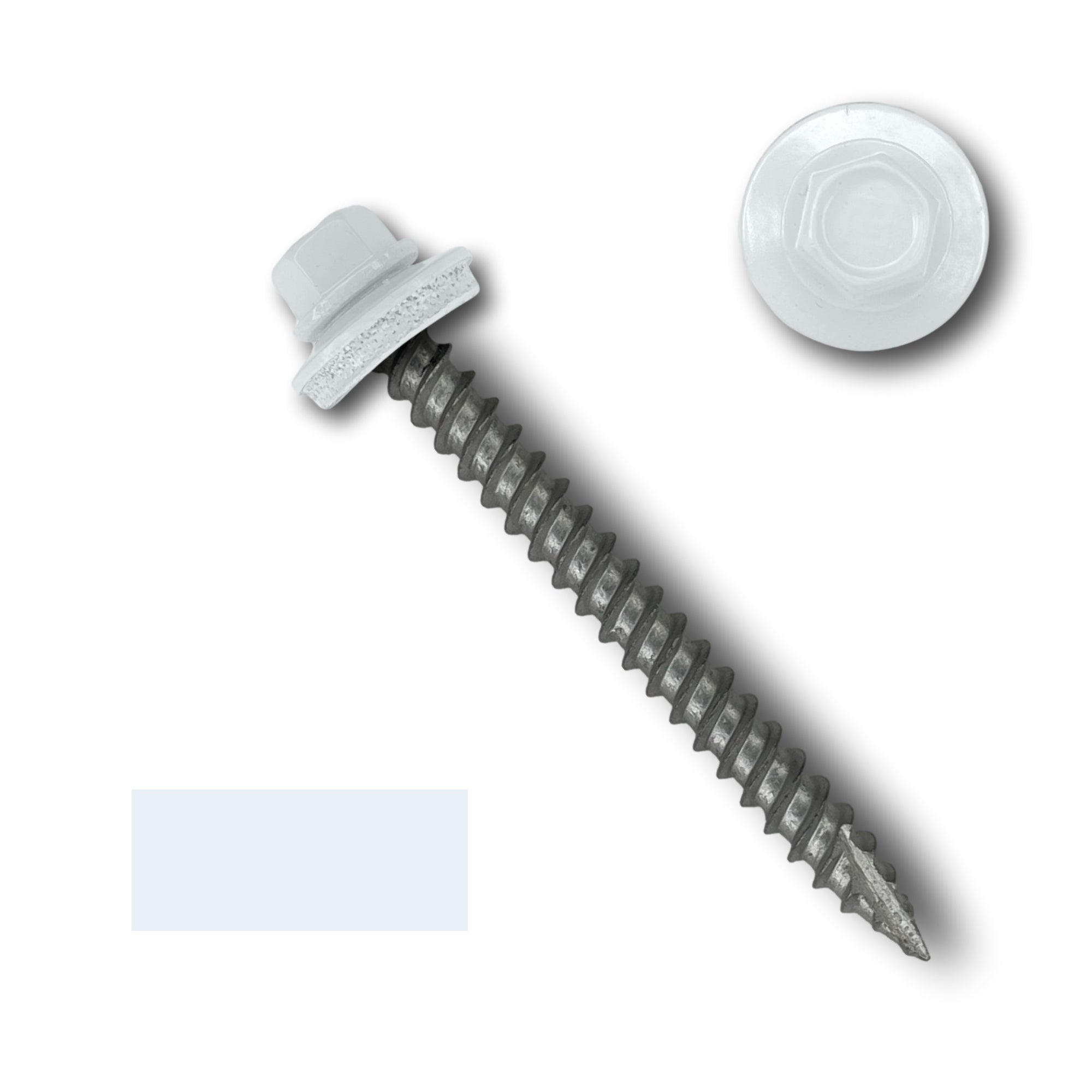 A number 10 Diameter Metal Roofing Screw that is 2 inches long with a 1/4 inch Hex Head and an EPDM Rubber Washer. The screw features a Type 17 sharp tip for drilling into wood decking. There is a color swatch of the screw head in the bottom left corner and a close-up of the screw head in the top right corner. The screw head is White in color.