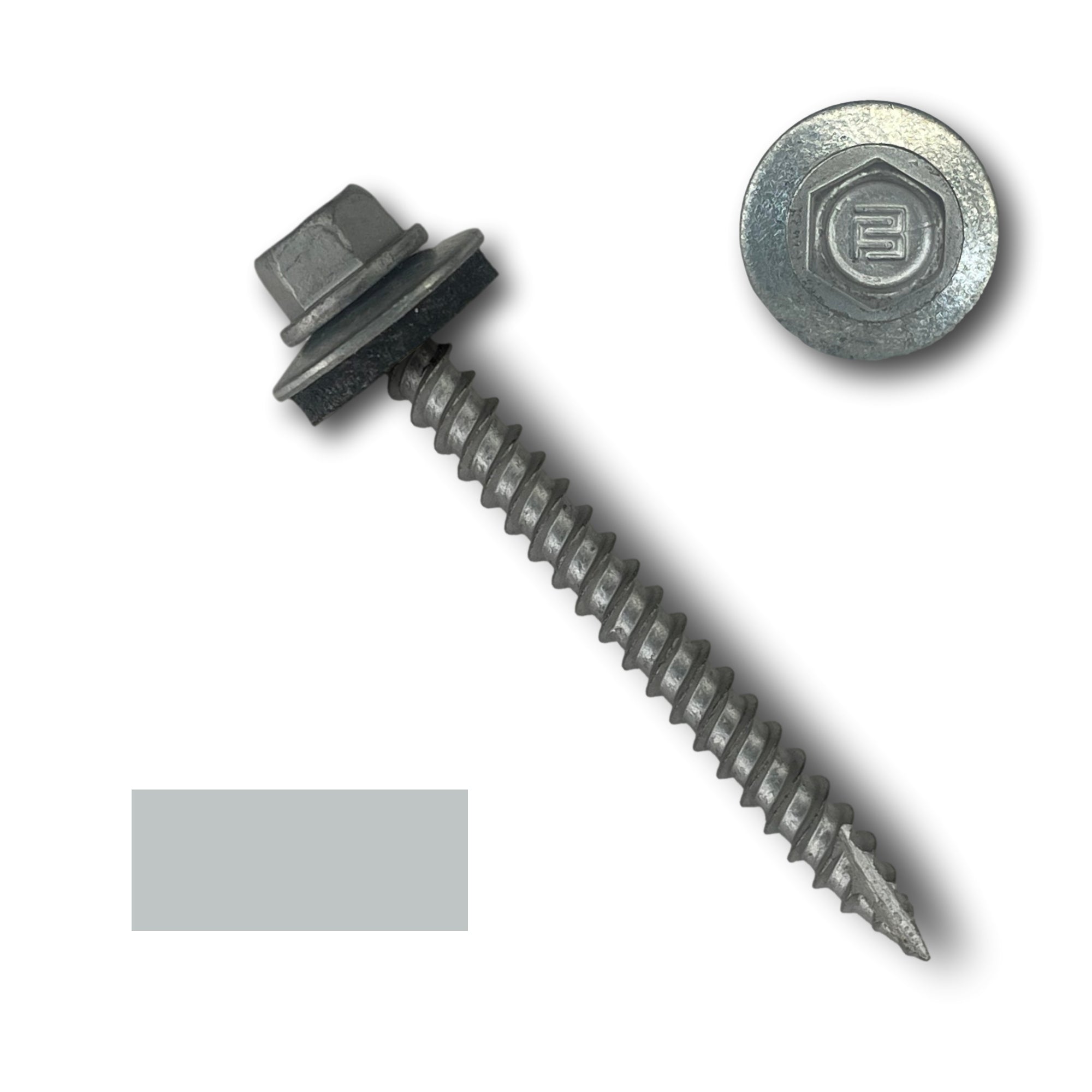 A number 10 Diameter Metal Roofing Screw that is 2 inches long with a 1/4 inch Hex Head and an EPDM Rubber Washer. The screw features a Type 17 sharp tip for drilling into wood decking. There is a color swatch of the screw head in the bottom left corner and a close-up of the screw head in the top right corner. The screw is Zinc/Unpainted in color.