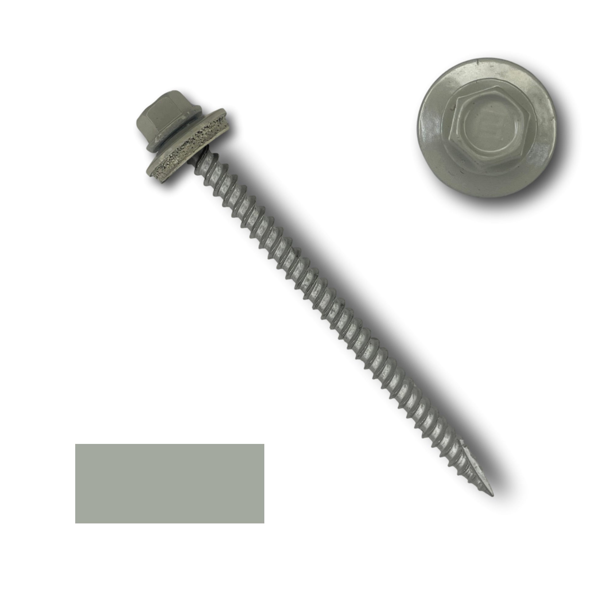 A number 10 Diameter Metal Roofing Screw that is 3 inches long with a 1/4 inch Hex Head and an EPDM Rubber Washer. The screw features a Type 17 sharp tip for drilling into wood decking. There is a color swatch of the screw head in the bottom left corner and a close-up of the screw head in the top right corner. The screw head is Ash Gray in color.