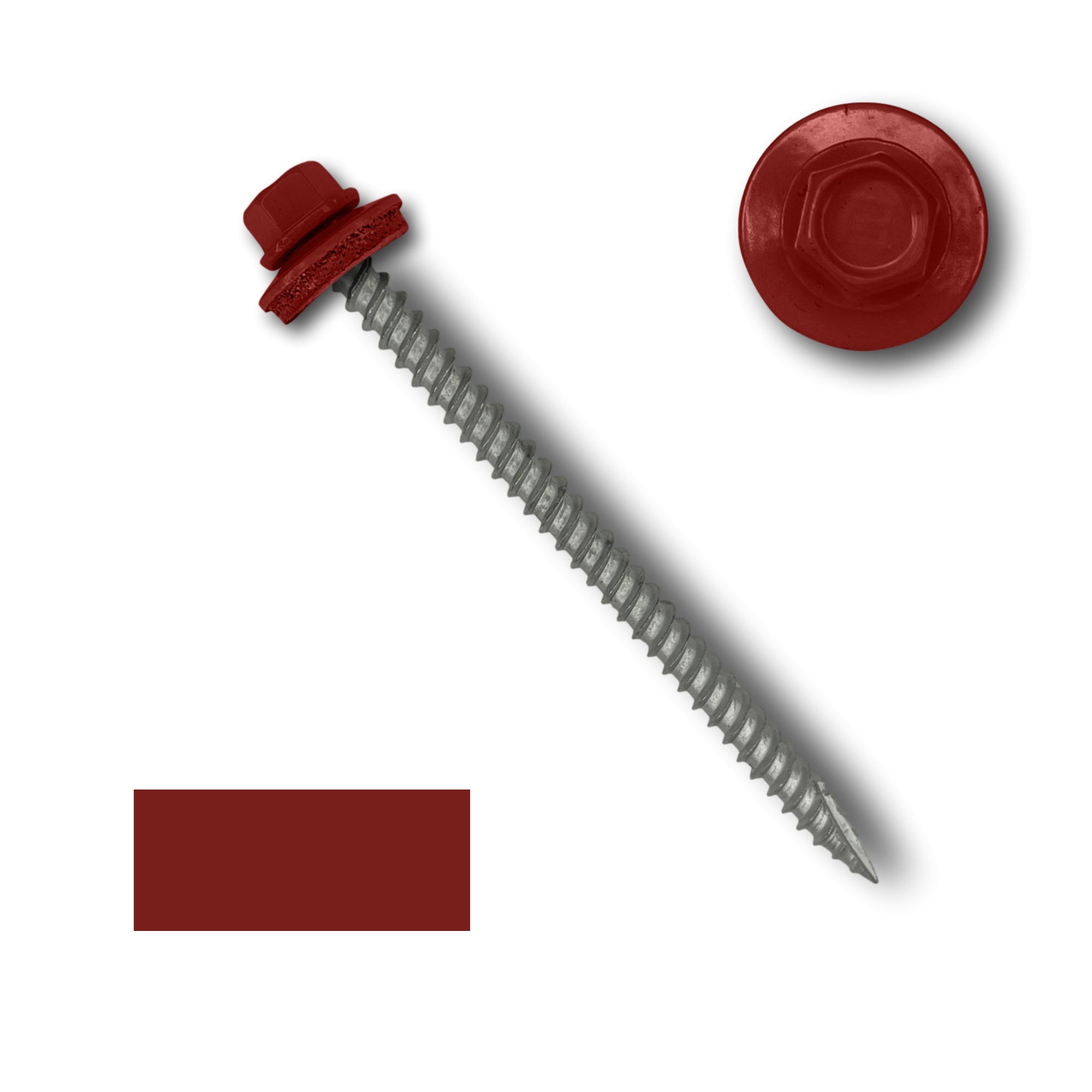 A number 10 Diameter Metal Roofing Screw that is 3 inches long with a 1/4 inch Hex Head and an EPDM Rubber Washer. The screw features a Type 17 sharp tip for drilling into wood decking. There is a color swatch of the screw head in the bottom left corner and a close-up of the screw head in the top right corner. The screw head is Barn Red in color.