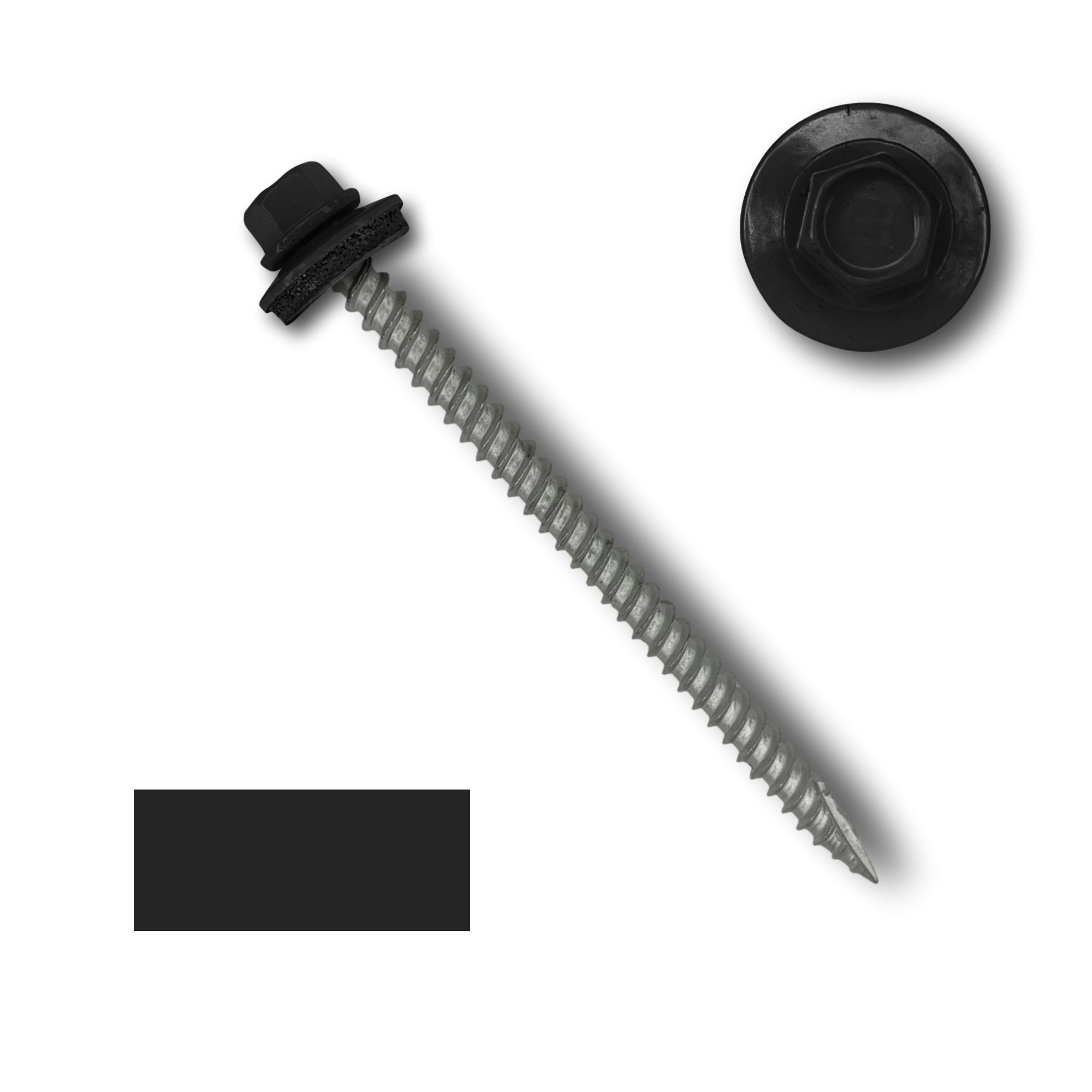 A number 10 Diameter Metal Roofing Screw that is 3 inches long with a 1/4 inch Hex Head and an EPDM Rubber Washer. The screw features a Type 17 sharp tip for drilling into wood decking. There is a color swatch of the screw head in the bottom left corner and a close-up of the screw head in the top right corner. The screw head is Black in color.