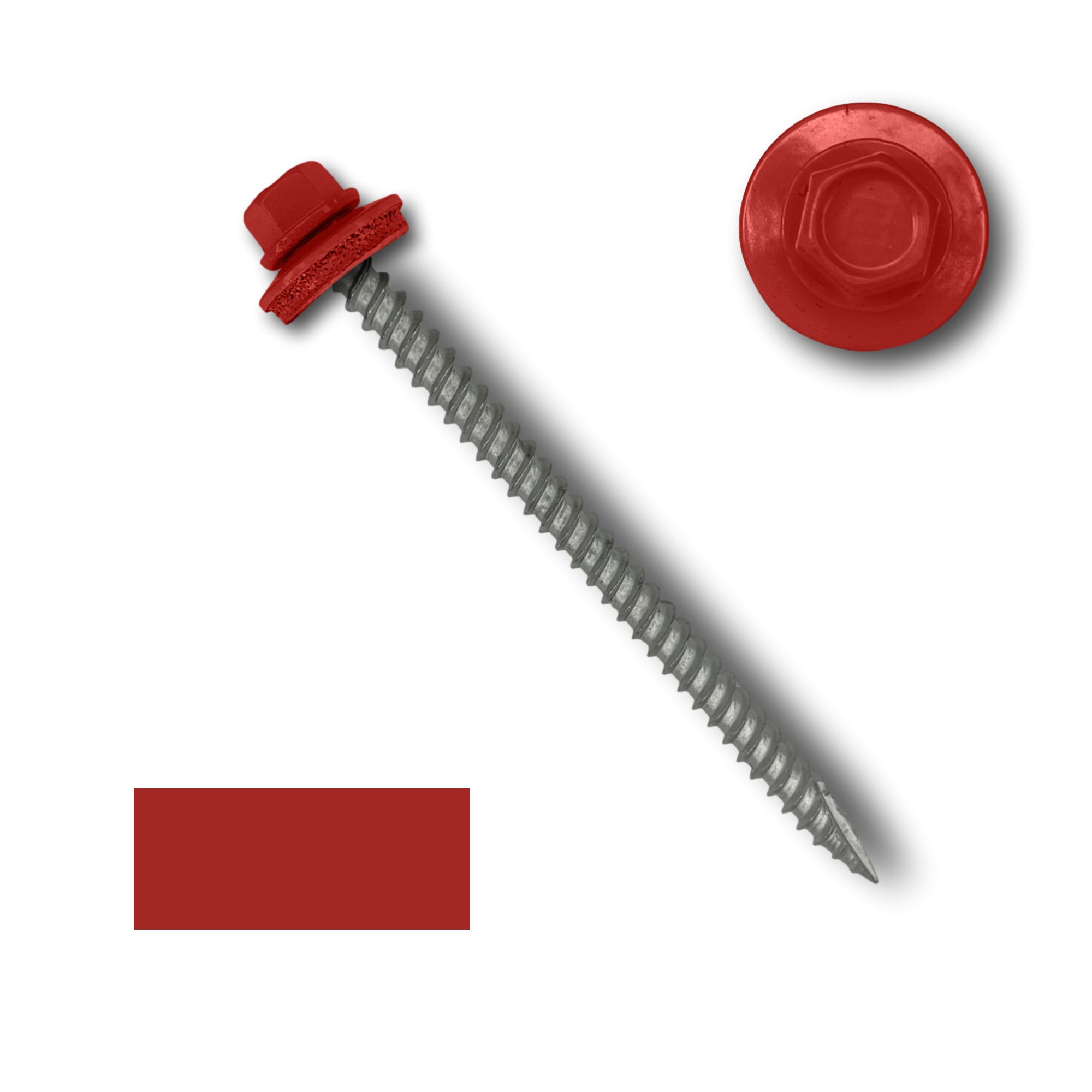A number 10 Diameter Metal Roofing Screw that is 3 inches long with a 1/4 inch Hex Head and an EPDM Rubber Washer. The screw features a Type 17 sharp tip for drilling into wood decking. There is a color swatch of the screw head in the bottom left corner and a close-up of the screw head in the top right corner. The screw head is Bright Red in color.