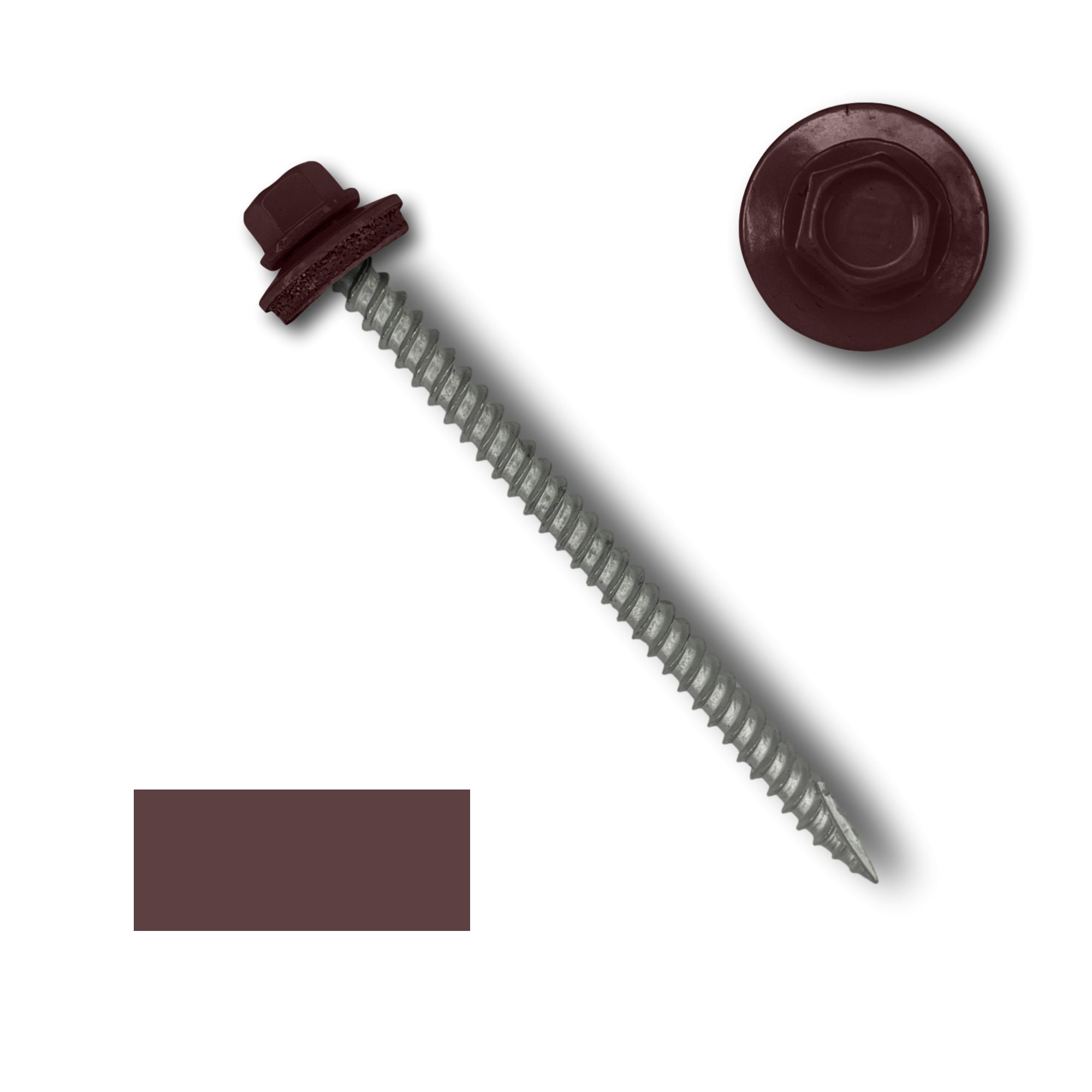 A number 10 Diameter Metal Roofing Screw that is 3 inches long with a 1/4 inch Hex Head and an EPDM Rubber Washer. The screw features a Type 17 sharp tip for drilling into wood decking. There is a color swatch of the screw head in the bottom left corner and a close-up of the screw head in the top right corner. The screw head is Burgundy in color.