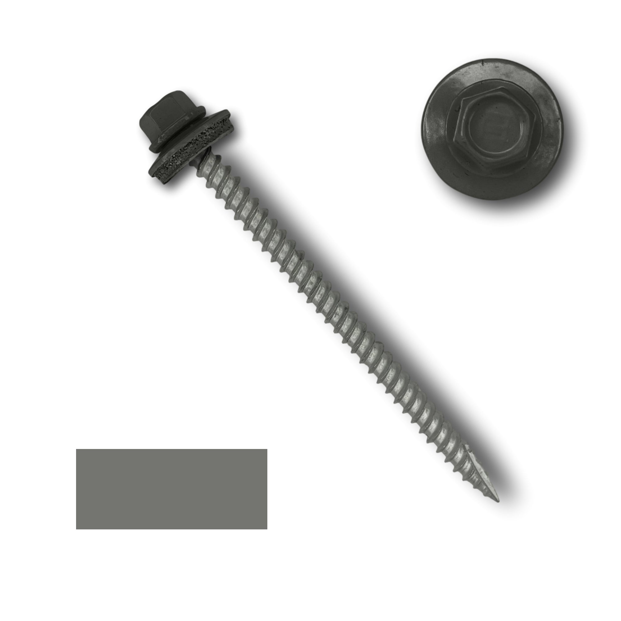 A number 10 Diameter Metal Roofing Screw that is 3 inches long with a 1/4 inch Hex Head and an EPDM Rubber Washer. The screw features a Type 17 sharp tip for drilling into wood decking. There is a color swatch of the screw head in the bottom left corner and a close-up of the screw head in the top right corner. The screw head is Charcoal Gray in color.