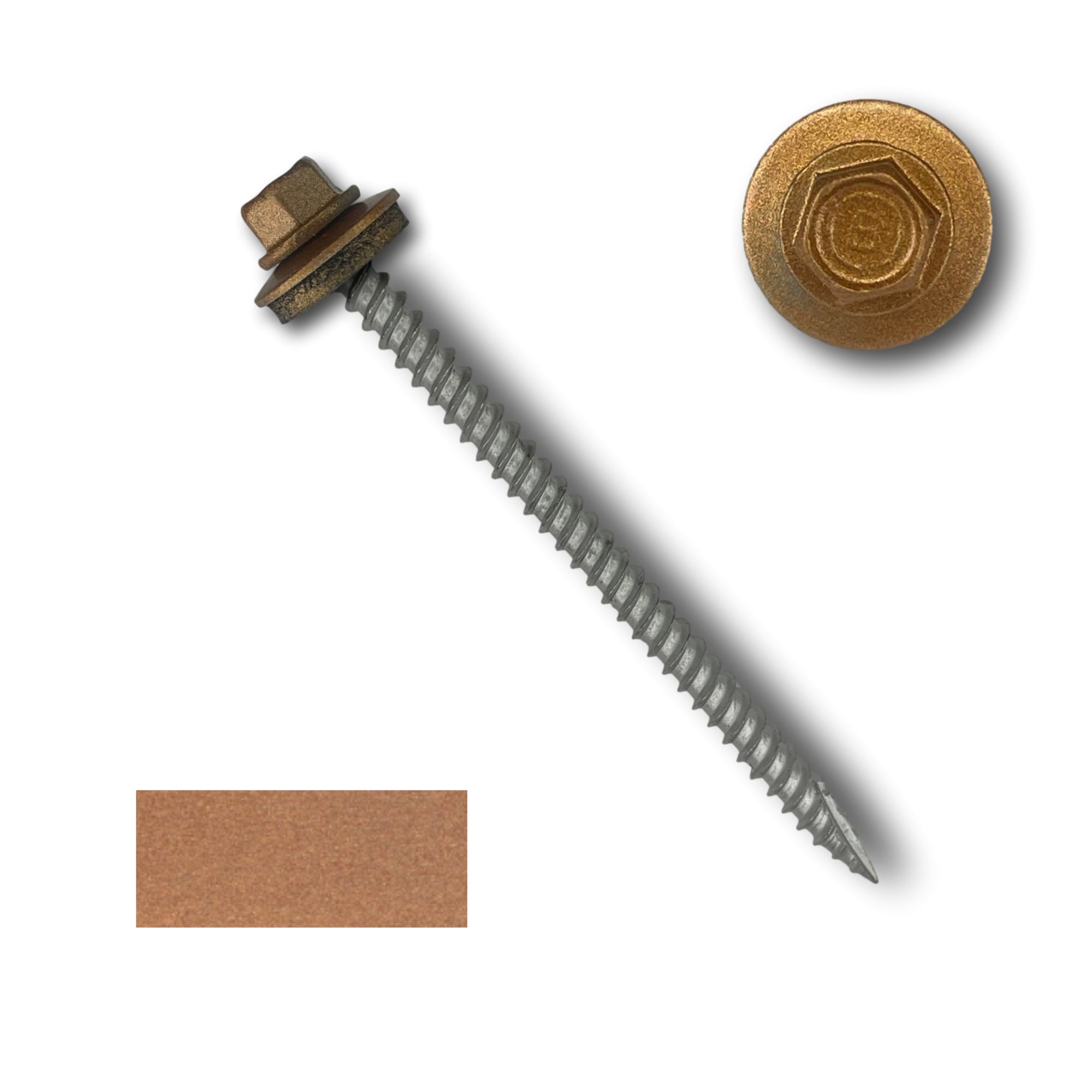 A number 10 Diameter Metal Roofing Screw that is 3 inches long with a 1/4 inch Hex Head and an EPDM Rubber Washer. The screw features a Type 17 sharp tip for drilling into wood decking. There is a color swatch of the screw head in the bottom left corner and a close-up of the screw head in the top right corner. The screw head is Copper Metallic in color.