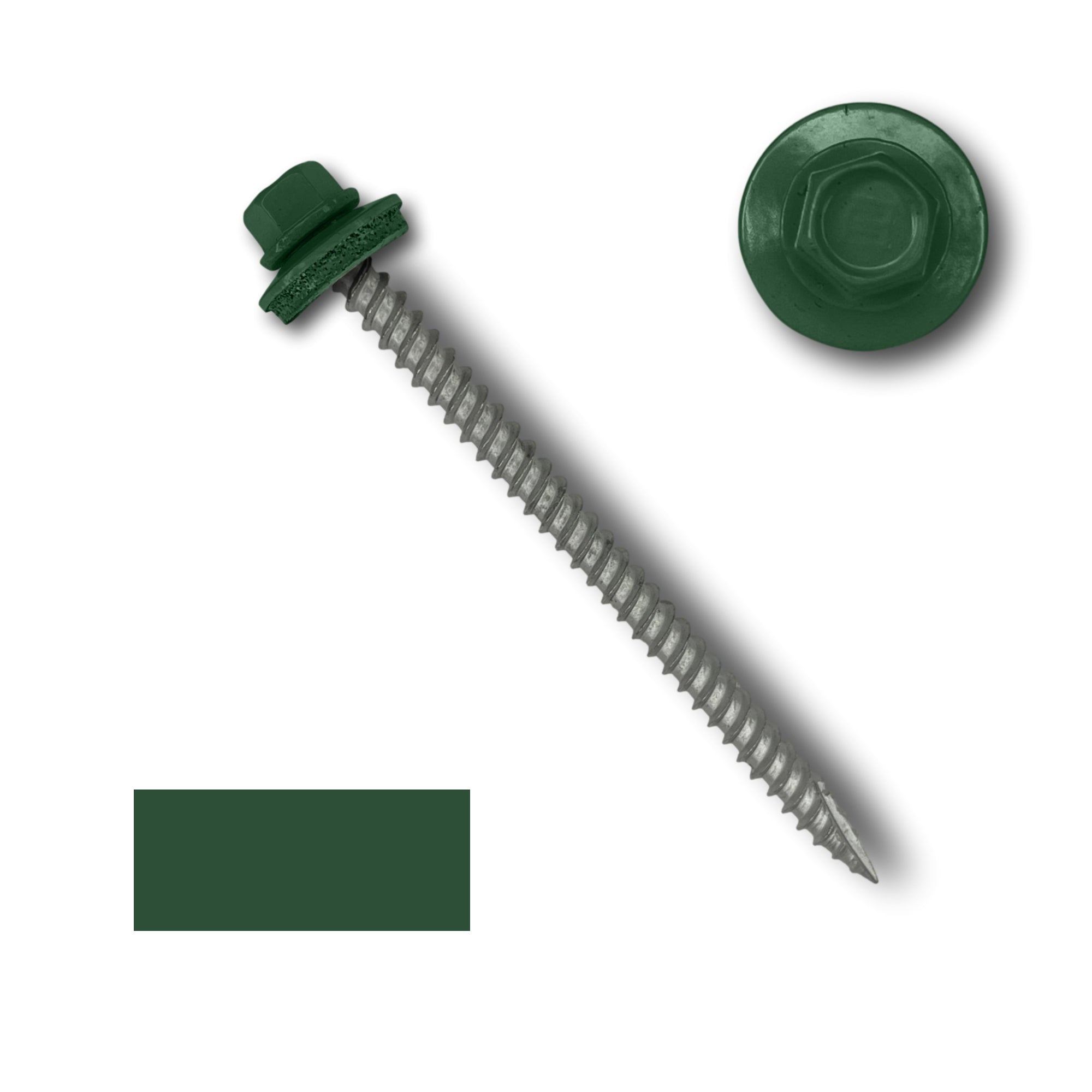 A number 10 Diameter Metal Roofing Screw that is 3 inches long with a 1/4 inch Hex Head and an EPDM Rubber Washer. The screw features a Type 17 sharp tip for drilling into wood decking. There is a color swatch of the screw head in the bottom left corner and a close-up of the screw head in the top right corner. The screw head is Evergreen in color.