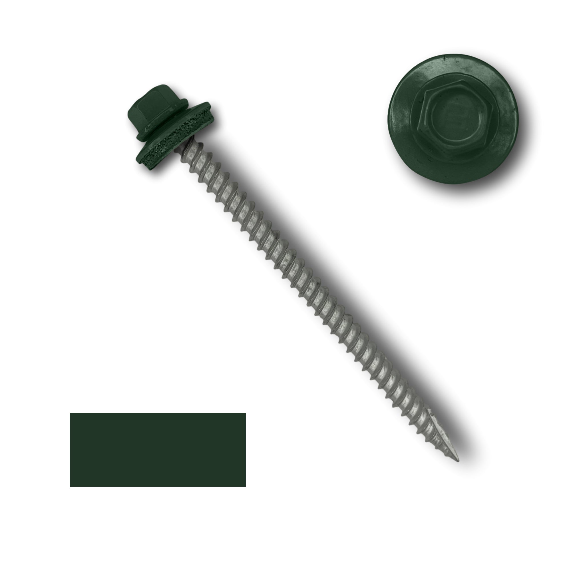 A number 10 Diameter Metal Roofing Screw that is 3 inches long with a 1/4 inch Hex Head and an EPDM Rubber Washer. The screw features a Type 17 sharp tip for drilling into wood decking. There is a color swatch of the screw head in the bottom left corner and a close-up of the screw head in the top right corner. The screw head is Forest Green in color.