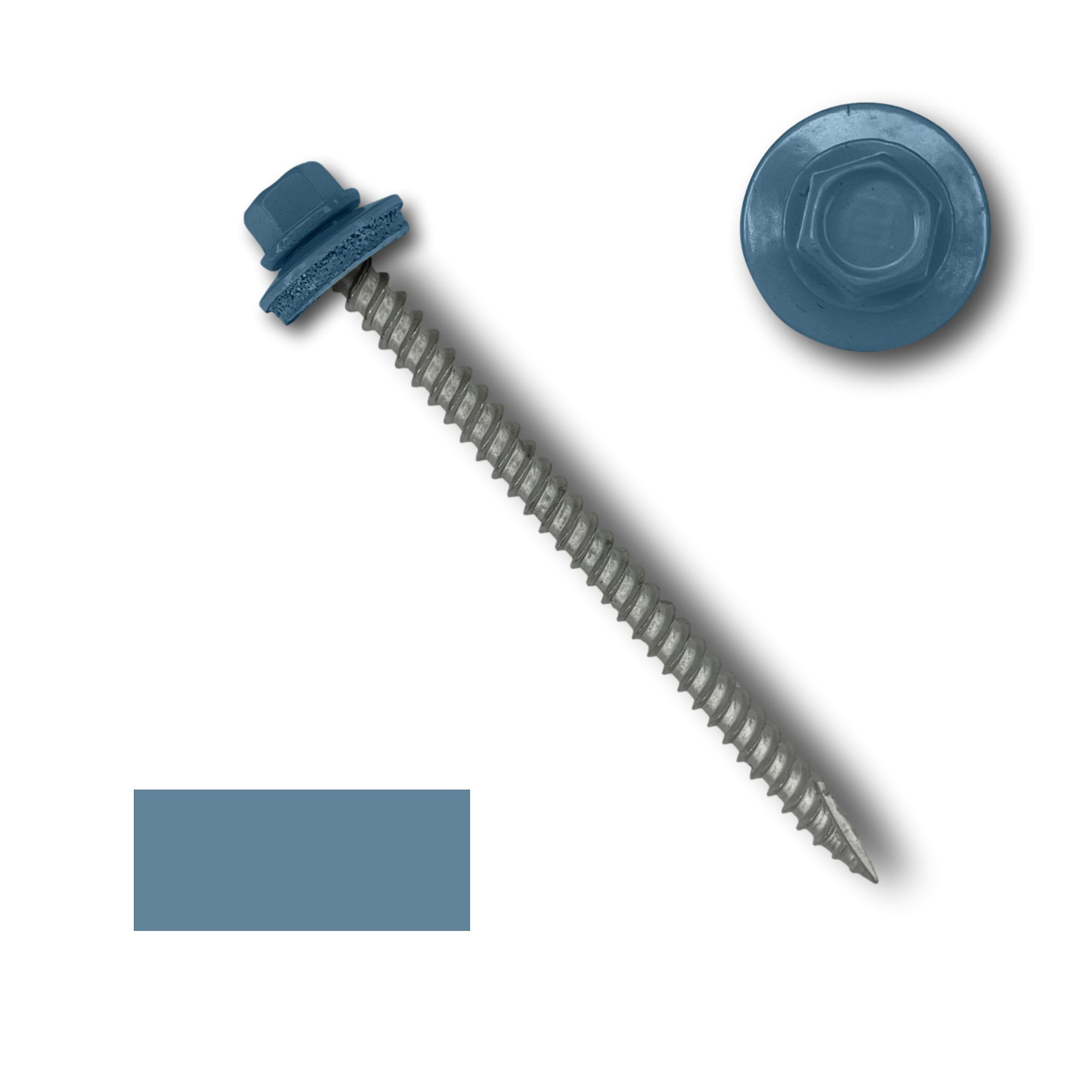 A number 10 Diameter Metal Roofing Screw that is 3 inches long with a 1/4 inch Hex Head and an EPDM Rubber Washer. The screw features a Type 17 sharp tip for drilling into wood decking. There is a color swatch of the screw head in the bottom left corner and a close-up of the screw head in the top right corner. The screw head is Hawaiian Blue in color.