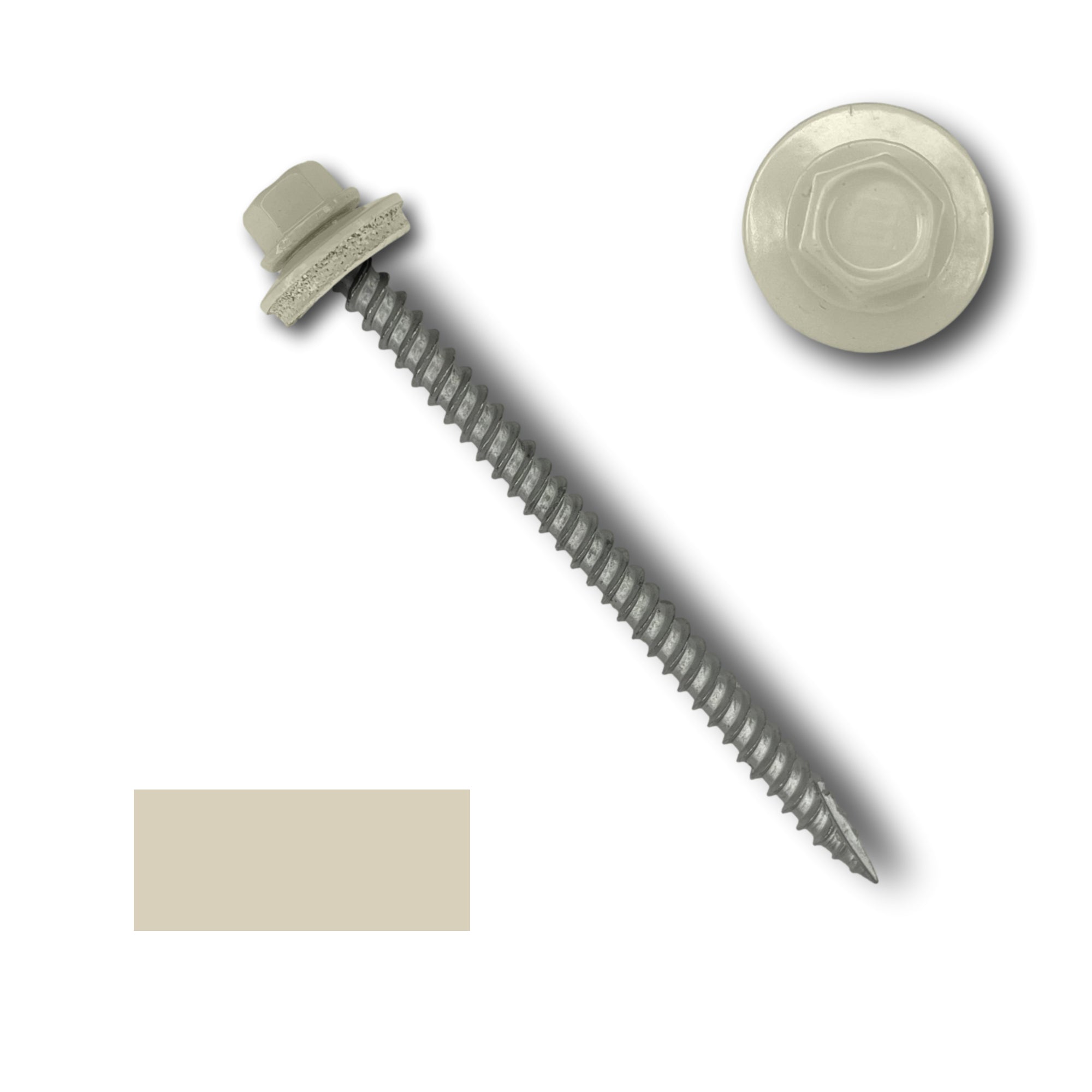 A number 10 Diameter Metal Roofing Screw that is 3 inches long with a 1/4 inch Hex Head and an EPDM Rubber Washer. The screw features a Type 17 sharp tip for drilling into wood decking. There is a color swatch of the screw head in the bottom left corner and a close-up of the screw head in the top right corner. The screw head is Lightstone in color.