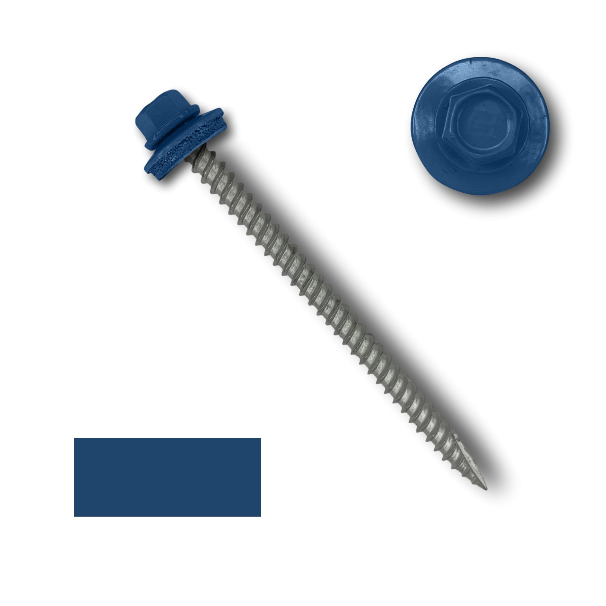 A number 10 Diameter Metal Roofing Screw that is 3 inches long with a 1/4 inch Hex Head and an EPDM Rubber Washer. The screw features a Type 17 sharp tip for drilling into wood decking. There is a color swatch of the screw head in the bottom left corner and a close-up of the screw head in the top right corner. The screw head is Regal Blue in color.
