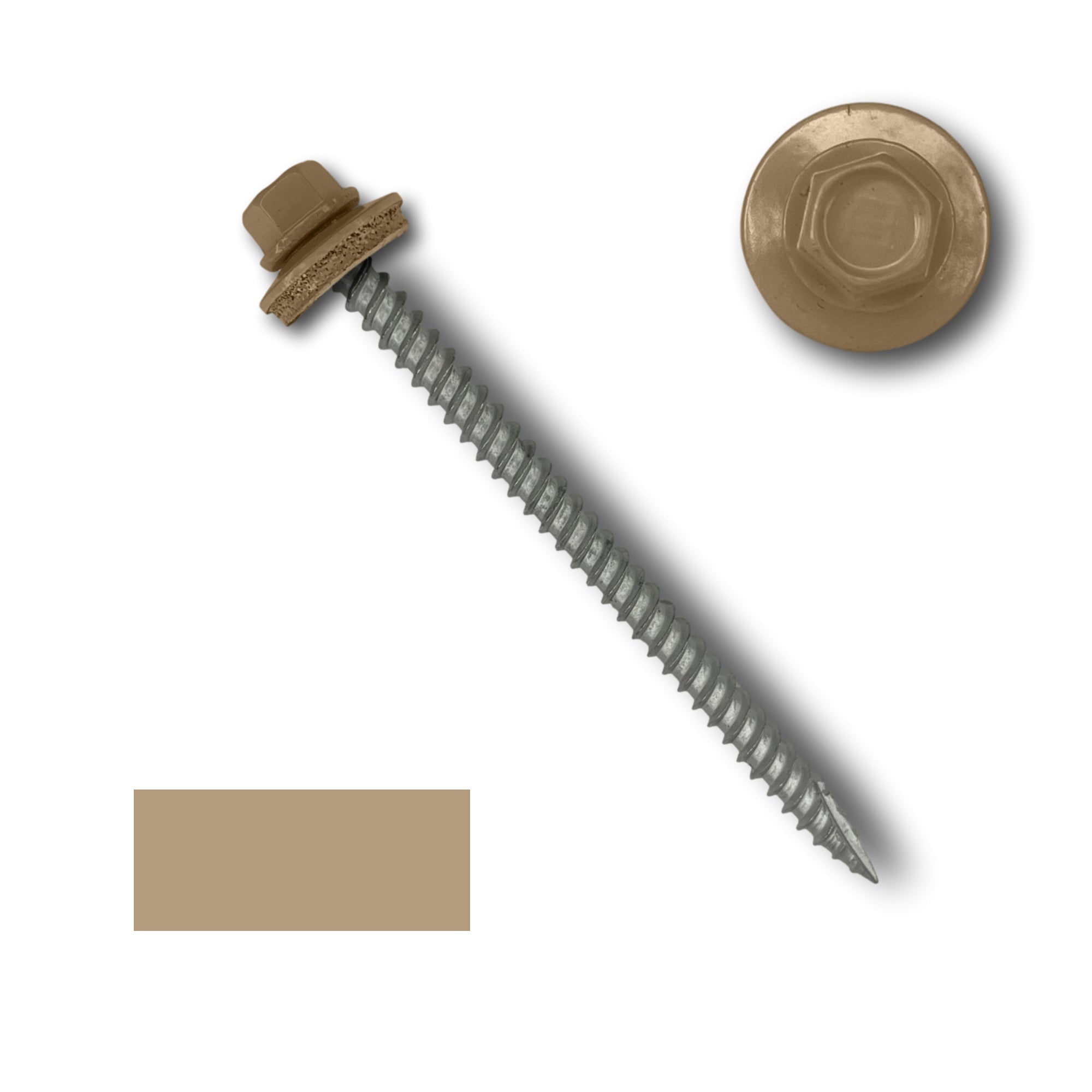 A number 10 Diameter Metal Roofing Screw that is 3 inches long with a 1/4 inch Hex Head and an EPDM Rubber Washer. The screw features a Type 17 sharp tip for drilling into wood decking. There is a color swatch of the screw head in the bottom left corner and a close-up of the screw head in the top right corner. The screw head is Sahara Tan in color.