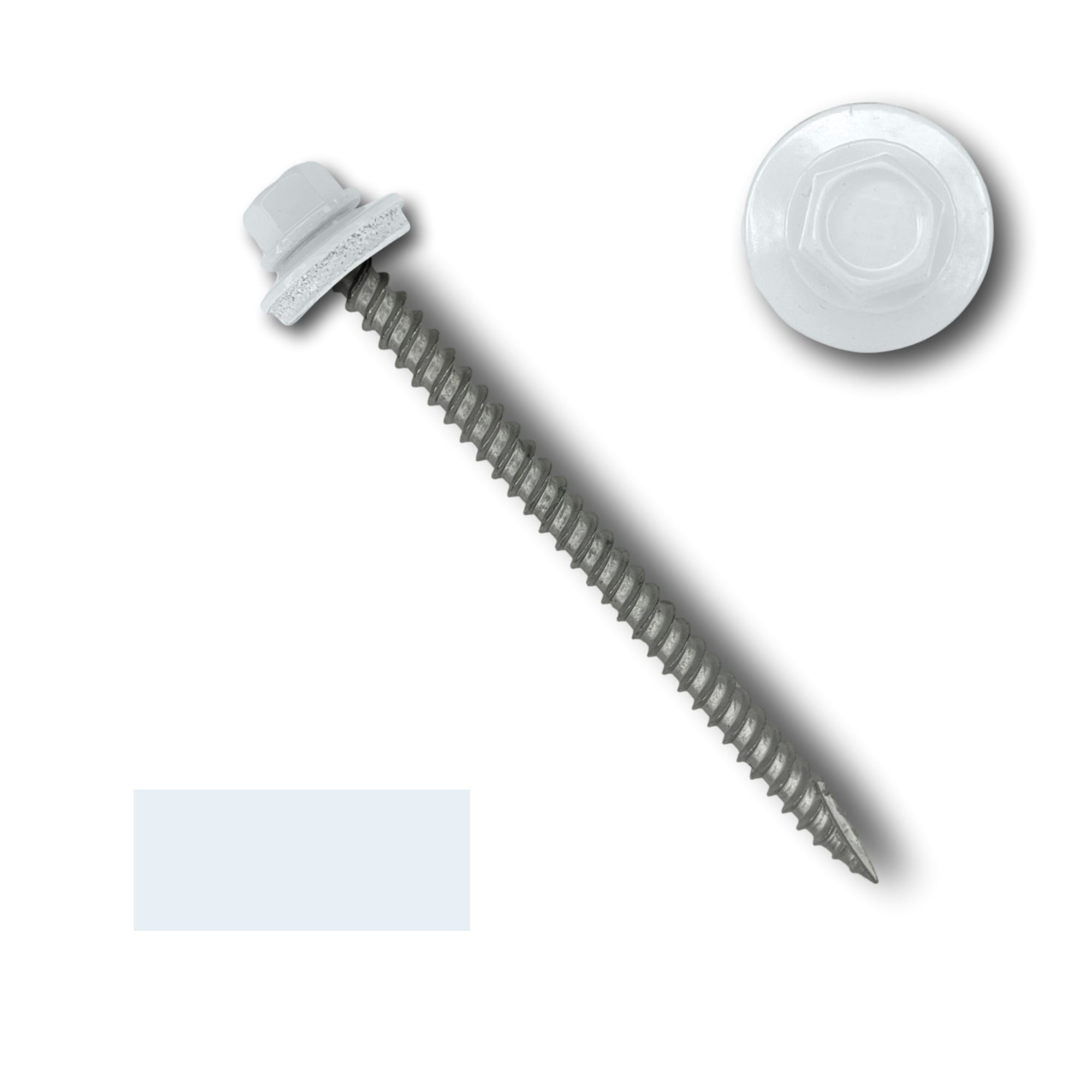 A number 10 Diameter Metal Roofing Screw that is 3 inches long with a 1/4 inch Hex Head and an EPDM Rubber Washer. The screw features a Type 17 sharp tip for drilling into wood decking. There is a color swatch of the screw head in the bottom left corner and a close-up of the screw head in the top right corner. The screw head is White in color.