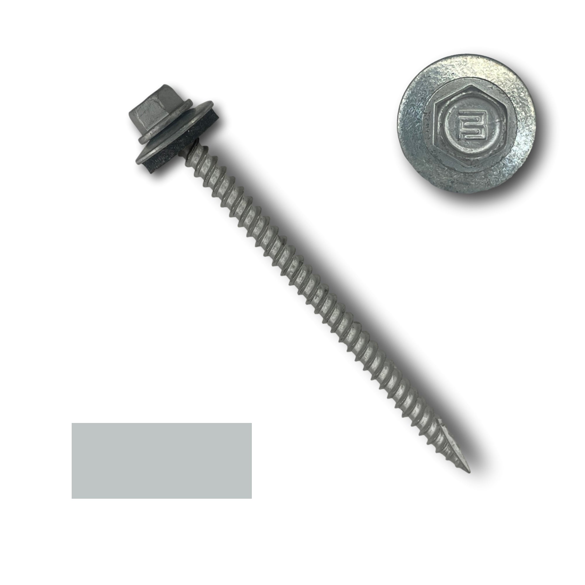 A number 10 Diameter Metal Roofing Screw that is 3 inches long with a 1/4 inch Hex Head and an EPDM Rubber Washer. The screw features a Type 17 sharp tip for drilling into wood decking. There is a color swatch of the screw head in the bottom left corner and a close-up of the screw head in the top right corner. The screw is Zinc/Unpainted in color.