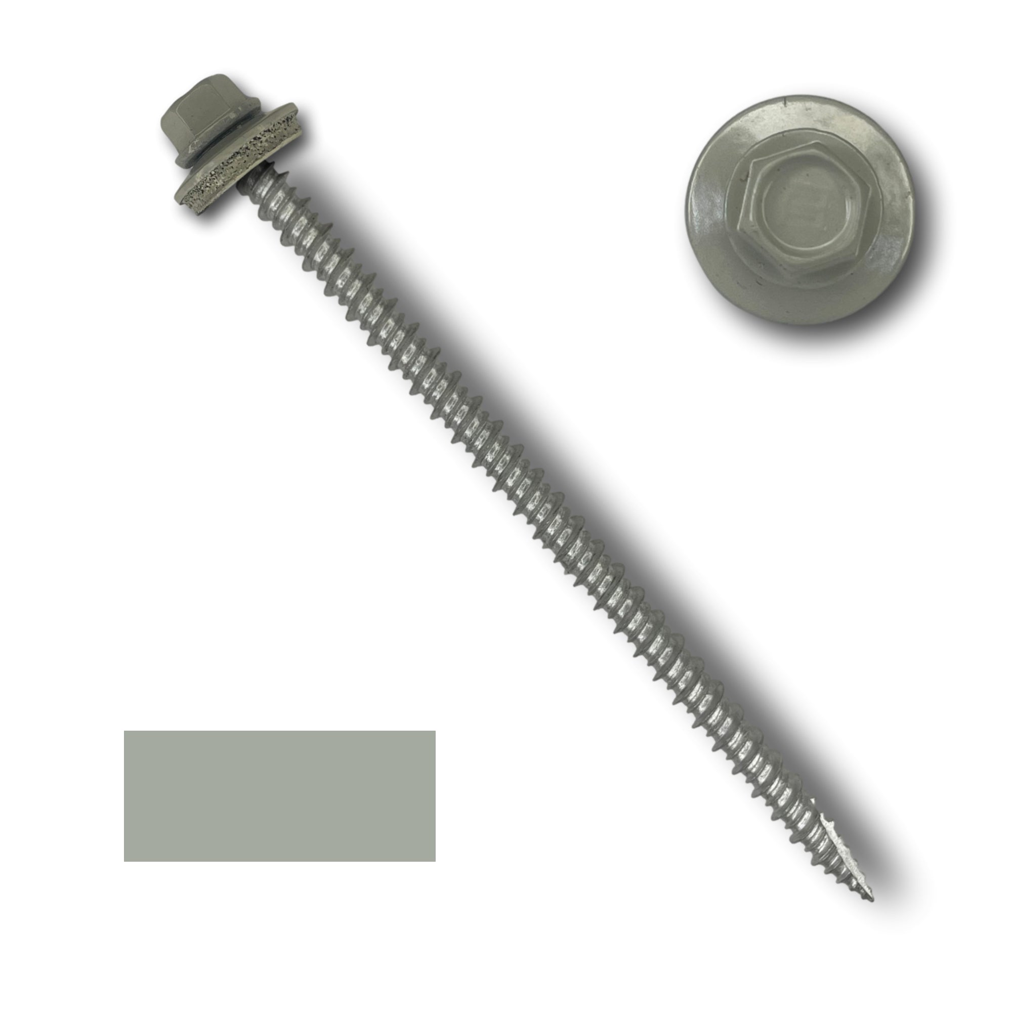 A number 10 Diameter Metal Roofing Screw that is 4 inches long with a 1/4 inch Hex Head and an EPDM Rubber Washer. The screw features a Type 17 sharp tip for drilling into wood decking. There is a color swatch of the screw head in the bottom left corner and a close-up of the screw head in the top right corner. The screw head is Ash Gray in color.