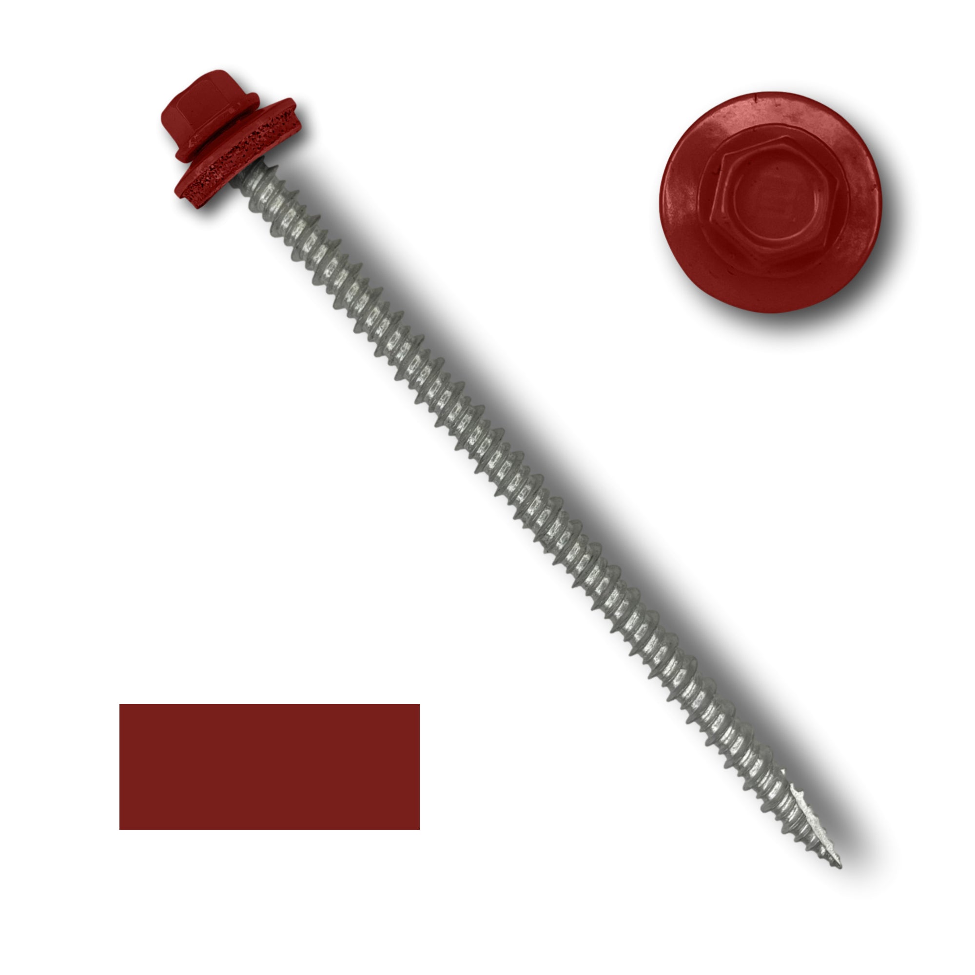 A number 10 Diameter Metal Roofing Screw that is 4 inches long with a 1/4 inch Hex Head and an EPDM Rubber Washer. The screw features a Type 17 sharp tip for drilling into wood decking. There is a color swatch of the screw head in the bottom left corner and a close-up of the screw head in the top right corner. The screw head is Barn Red in color.