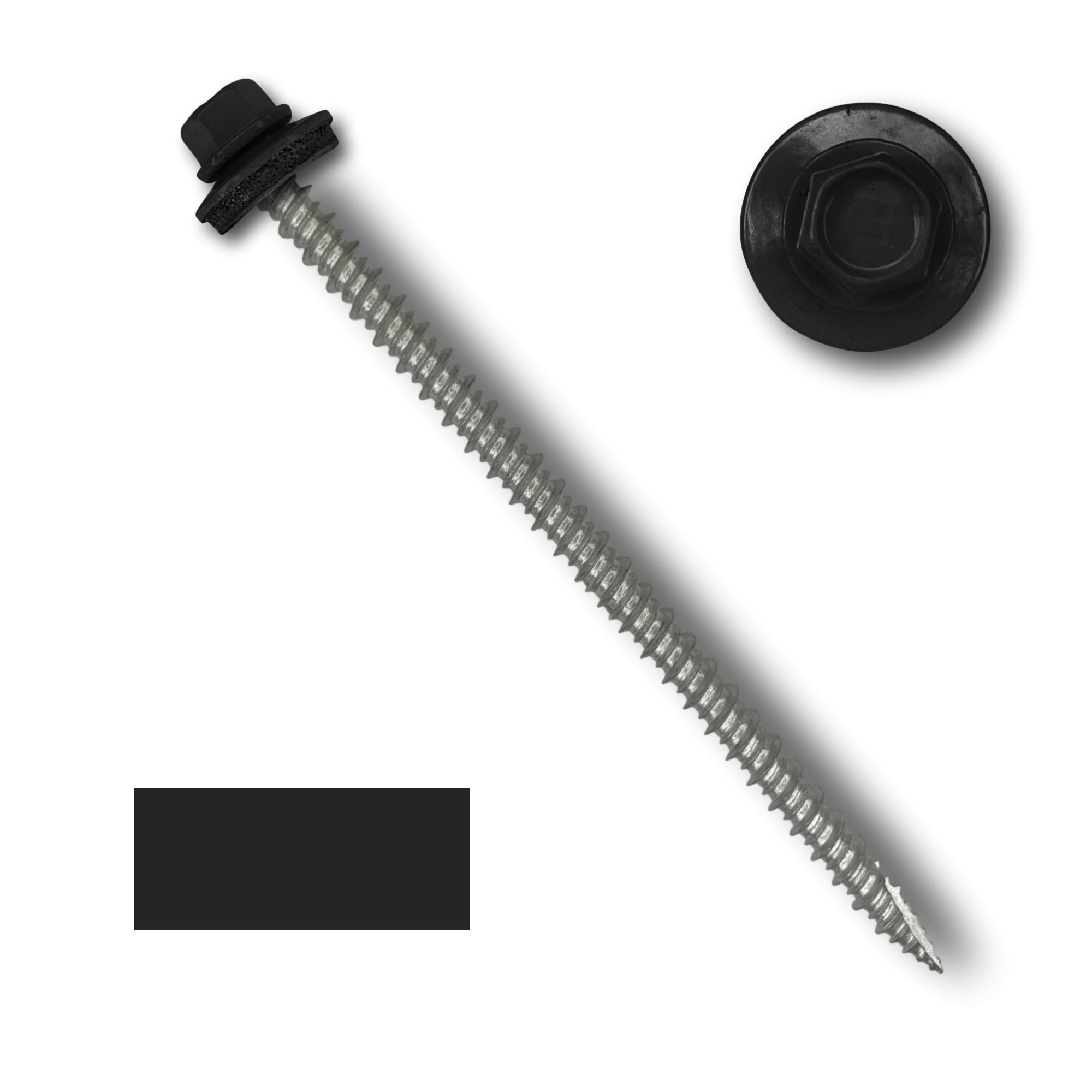 A number 10 Diameter Metal Roofing Screw that is 4 inches long with a 1/4 inch Hex Head and an EPDM Rubber Washer. The screw features a Type 17 sharp tip for drilling into wood decking. There is a color swatch of the screw head in the bottom left corner and a close-up of the screw head in the top right corner. The screw head is Black in color.