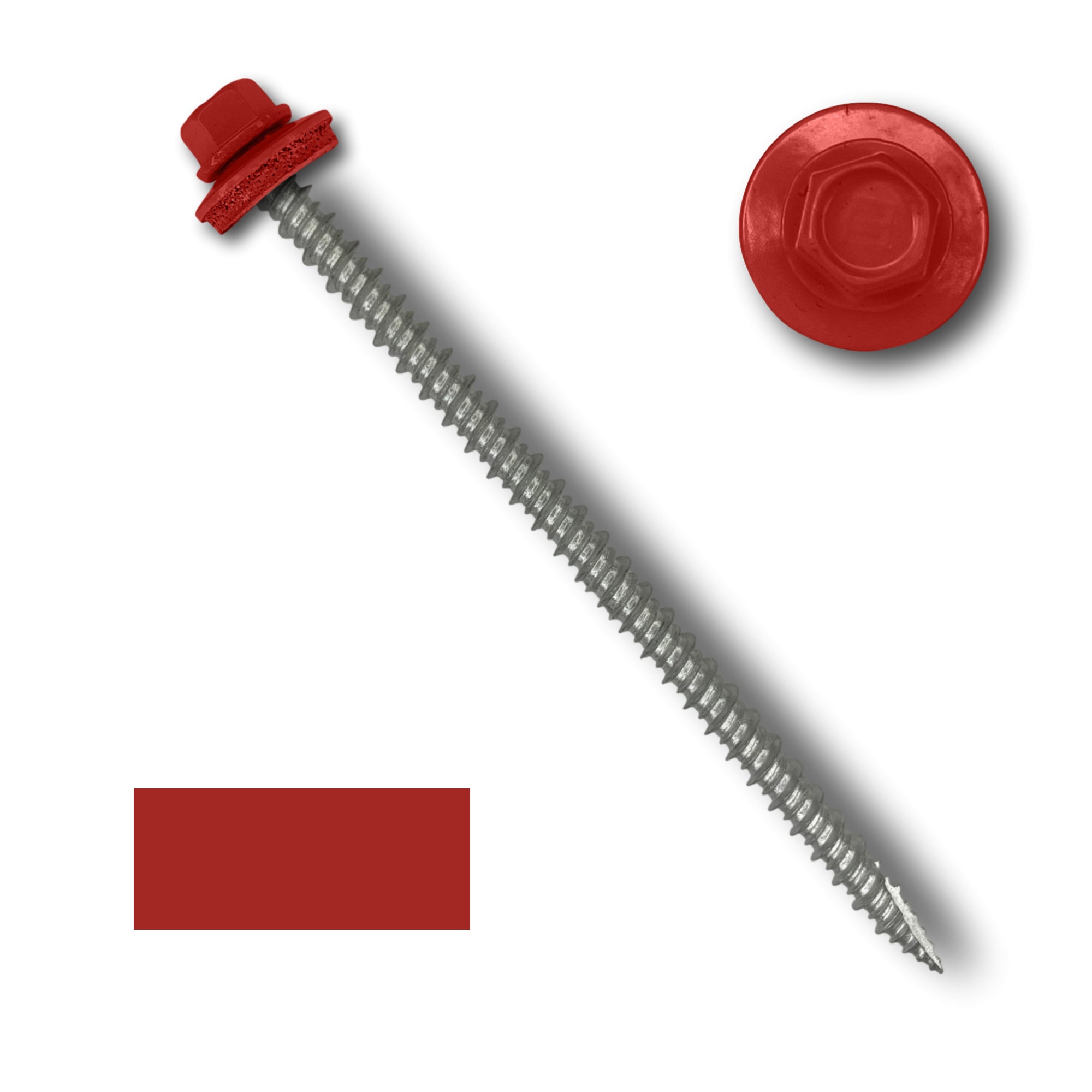 A number 10 Diameter Metal Roofing Screw that is 4 inches long with a 1/4 inch Hex Head and an EPDM Rubber Washer. The screw features a Type 17 sharp tip for drilling into wood decking. There is a color swatch of the screw head in the bottom left corner and a close-up of the screw head in the top right corner. The screw head is Bright Red in color.