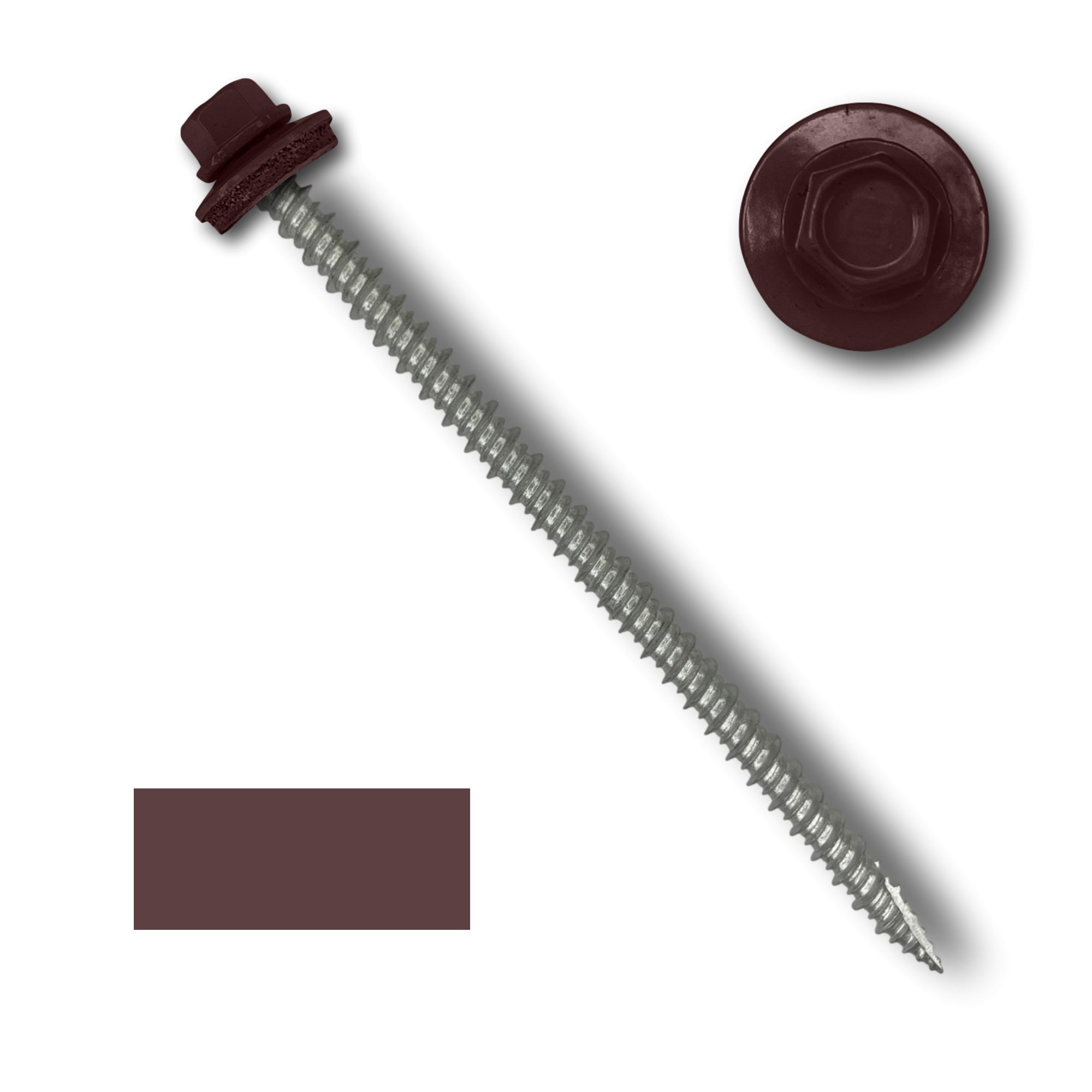 A number 10 Diameter Metal Roofing Screw that is 4 inches long with a 1/4 inch Hex Head and an EPDM Rubber Washer. The screw features a Type 17 sharp tip for drilling into wood decking. There is a color swatch of the screw head in the bottom left corner and a close-up of the screw head in the top right corner. The screw head is Burgundy in color.