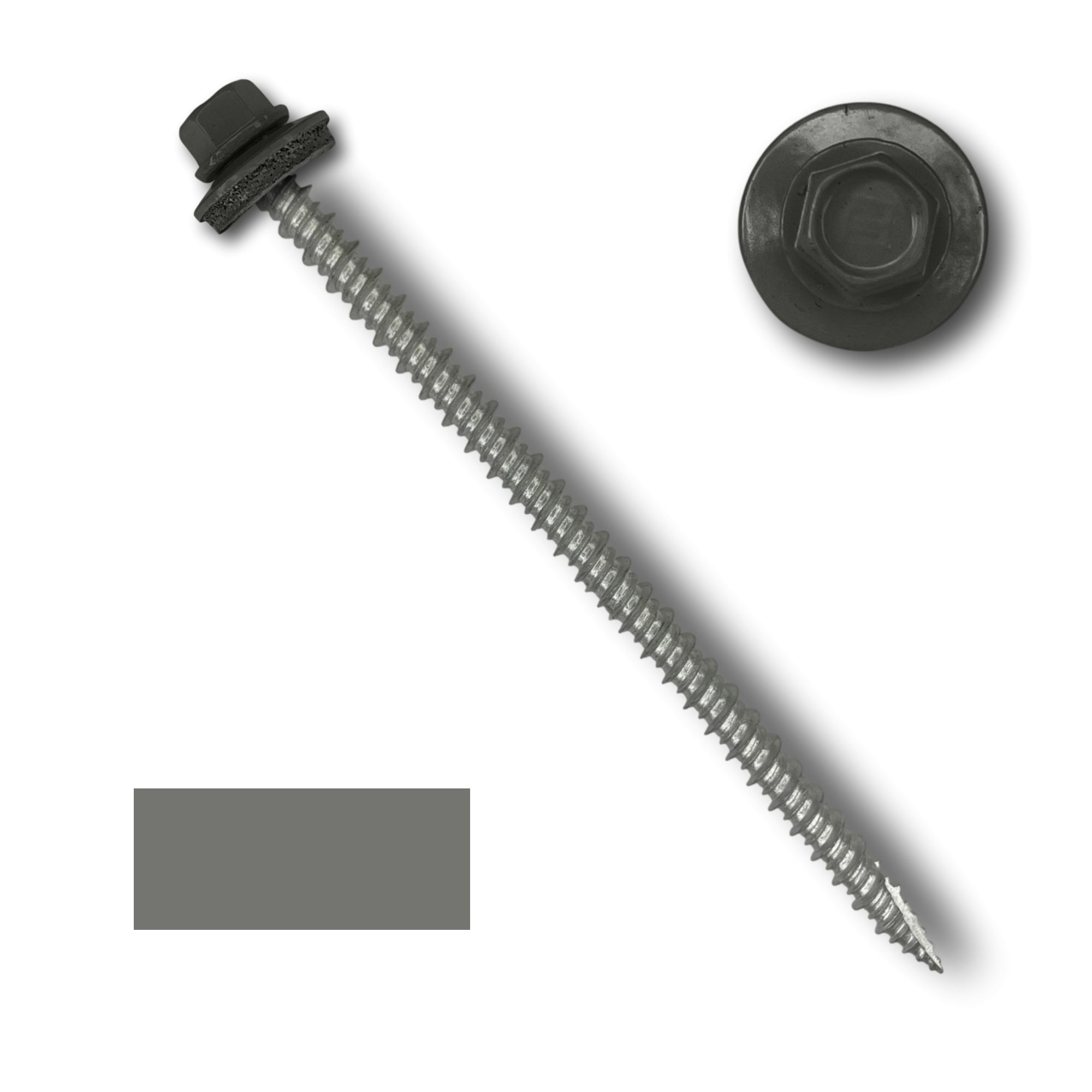 A number 10 Diameter Metal Roofing Screw that is 4 inches long with a 1/4 inch Hex Head and an EPDM Rubber Washer. The screw features a Type 17 sharp tip for drilling into wood decking. There is a color swatch of the screw head in the bottom left corner and a close-up of the screw head in the top right corner. The screw head is Charcoal Gray in color.