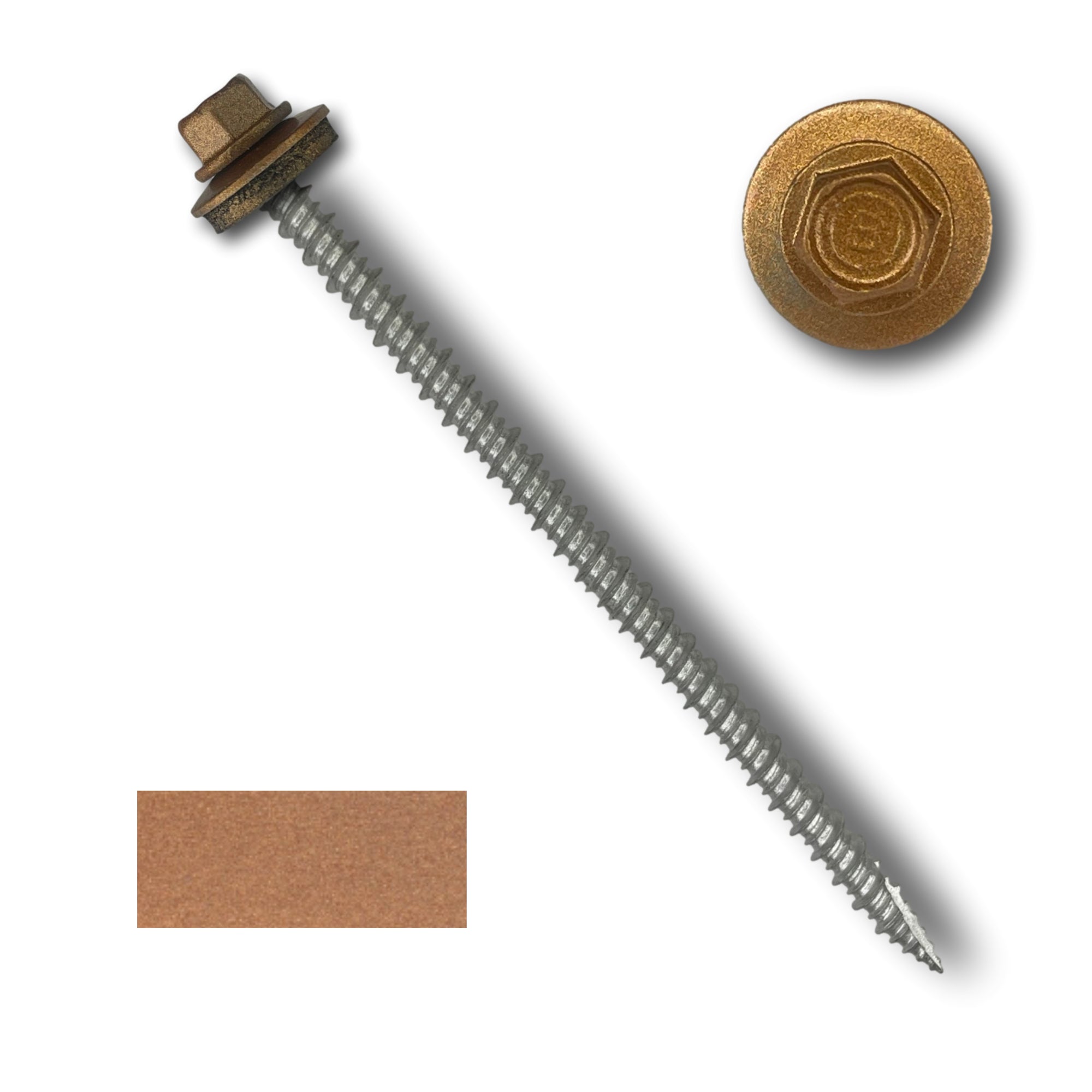 A number 10 Diameter Metal Roofing Screw that is 4 inches long with a 1/4 inch Hex Head and an EPDM Rubber Washer. The screw features a Type 17 sharp tip for drilling into wood decking. There is a color swatch of the screw head in the bottom left corner and a close-up of the screw head in the top right corner. The screw head is Copper Metallic in color.