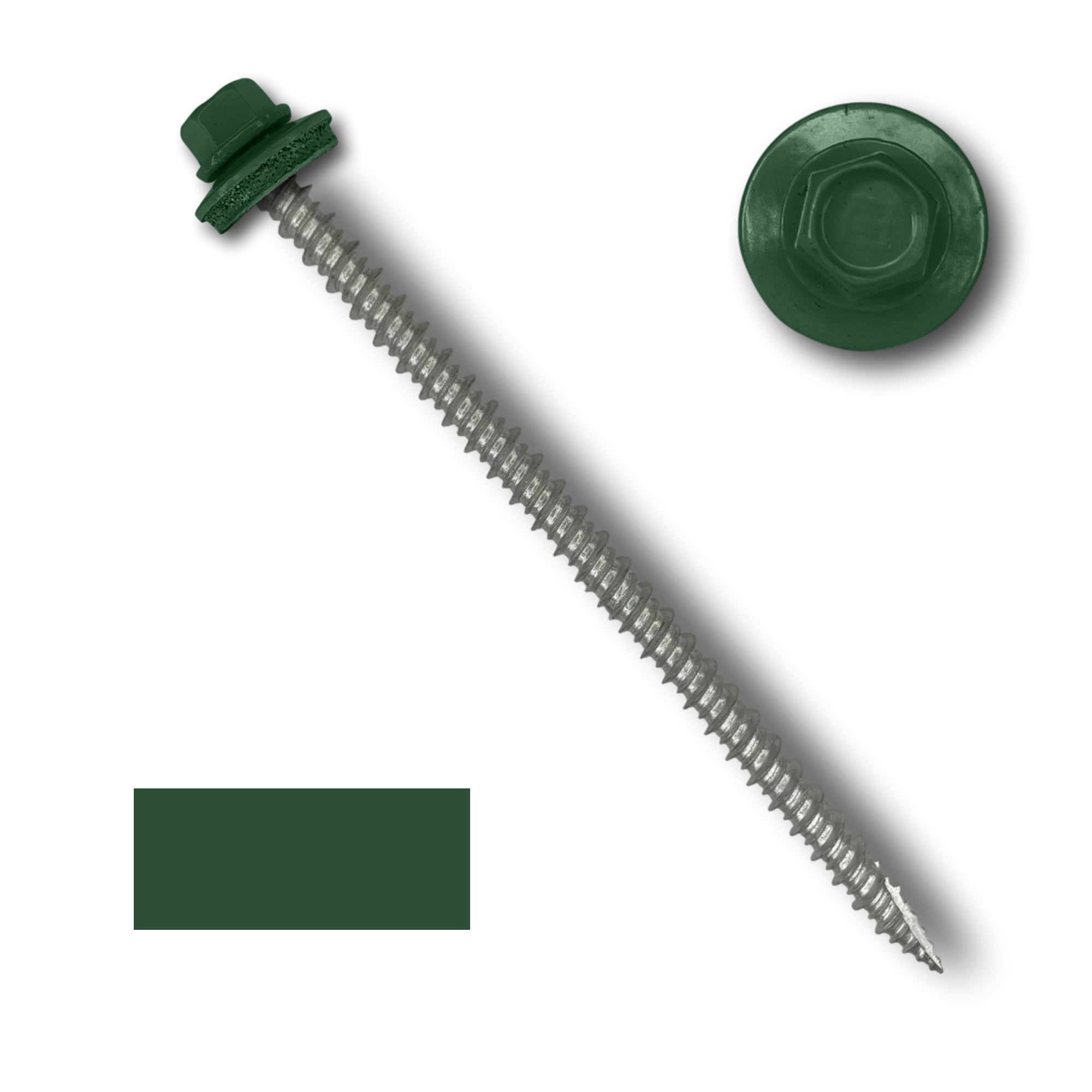 A number 10 Diameter Metal Roofing Screw that is 4 inches long with a 1/4 inch Hex Head and an EPDM Rubber Washer. The screw features a Type 17 sharp tip for drilling into wood decking. There is a color swatch of the screw head in the bottom left corner and a close-up of the screw head in the top right corner. The screw head is Evergreen in color.