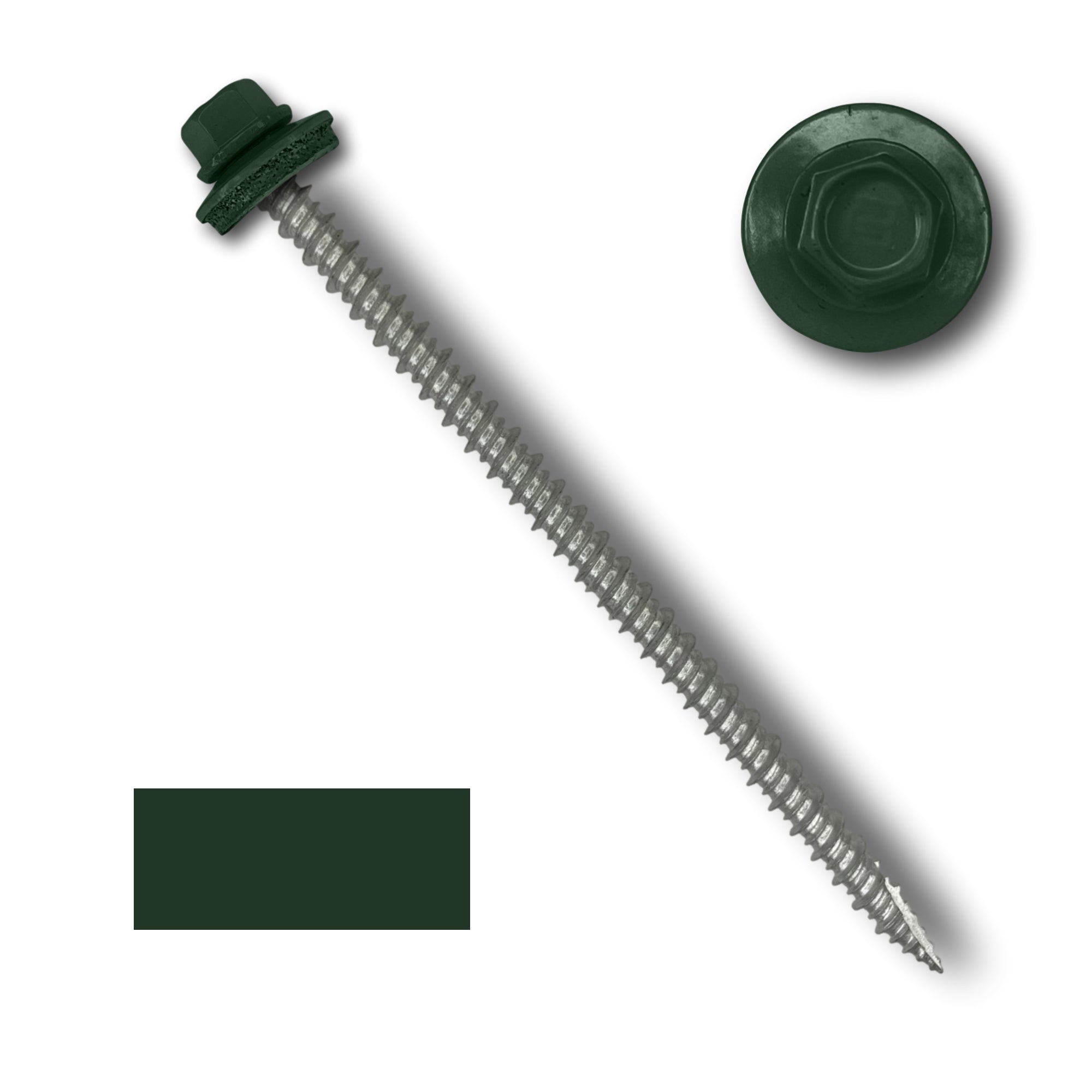 A number 10 Diameter Metal Roofing Screw that is 4 inches long with a 1/4 inch Hex Head and an EPDM Rubber Washer. The screw features a Type 17 sharp tip for drilling into wood decking. There is a color swatch of the screw head in the bottom left corner and a close-up of the screw head in the top right corner. The screw head is Forest Green in color.
