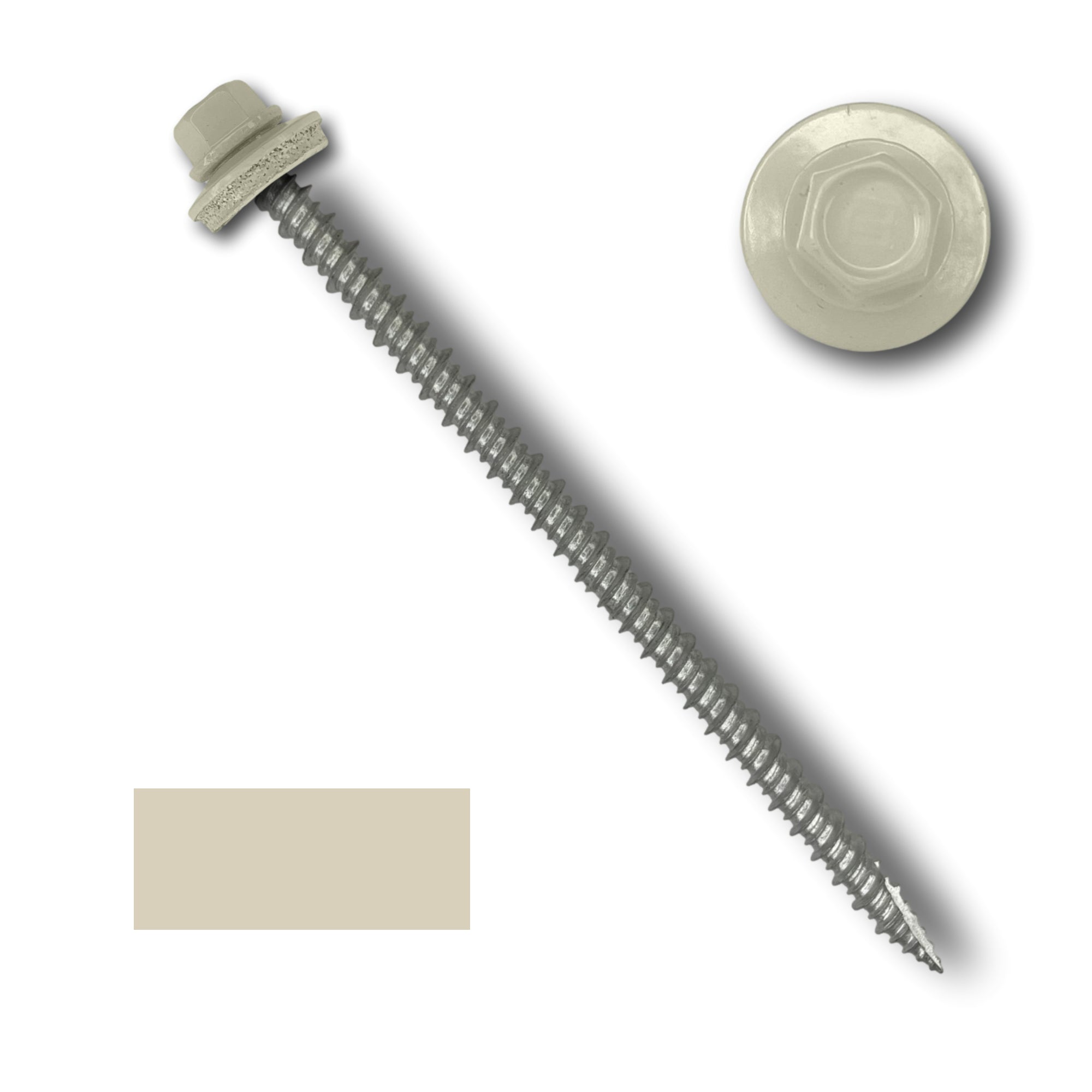 A number 10 Diameter Metal Roofing Screw that is 4 inches long with a 1/4 inch Hex Head and an EPDM Rubber Washer. The screw features a Type 17 sharp tip for drilling into wood decking. There is a color swatch of the screw head in the bottom left corner and a close-up of the screw head in the top right corner. The screw head is Lightstone in color.
