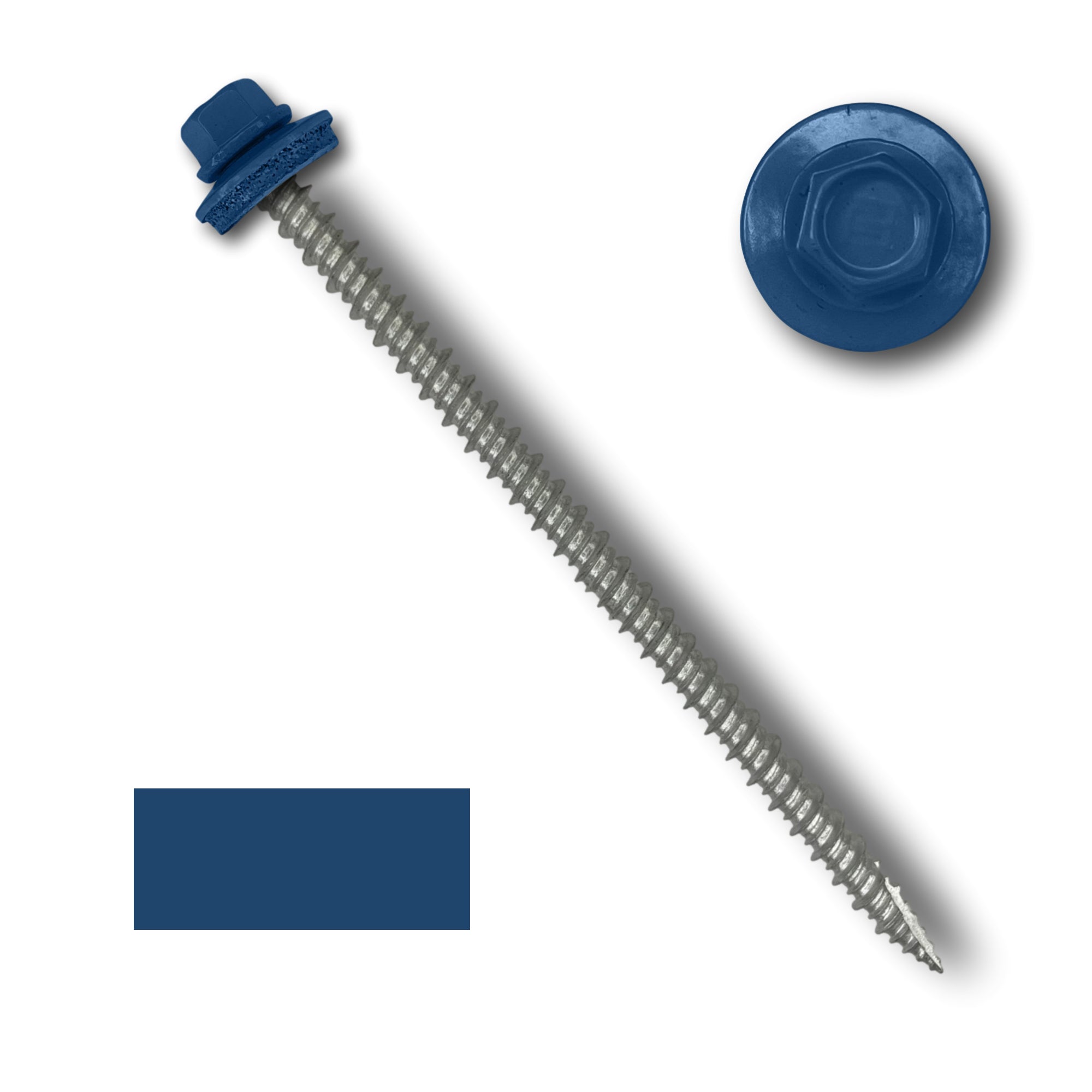 A number 10 Diameter Metal Roofing Screw that is 4 inches long with a 1/4 inch Hex Head and an EPDM Rubber Washer. The screw features a Type 17 sharp tip for drilling into wood decking. There is a color swatch of the screw head in the bottom left corner and a close-up of the screw head in the top right corner. The screw head is Regal Blue in color.