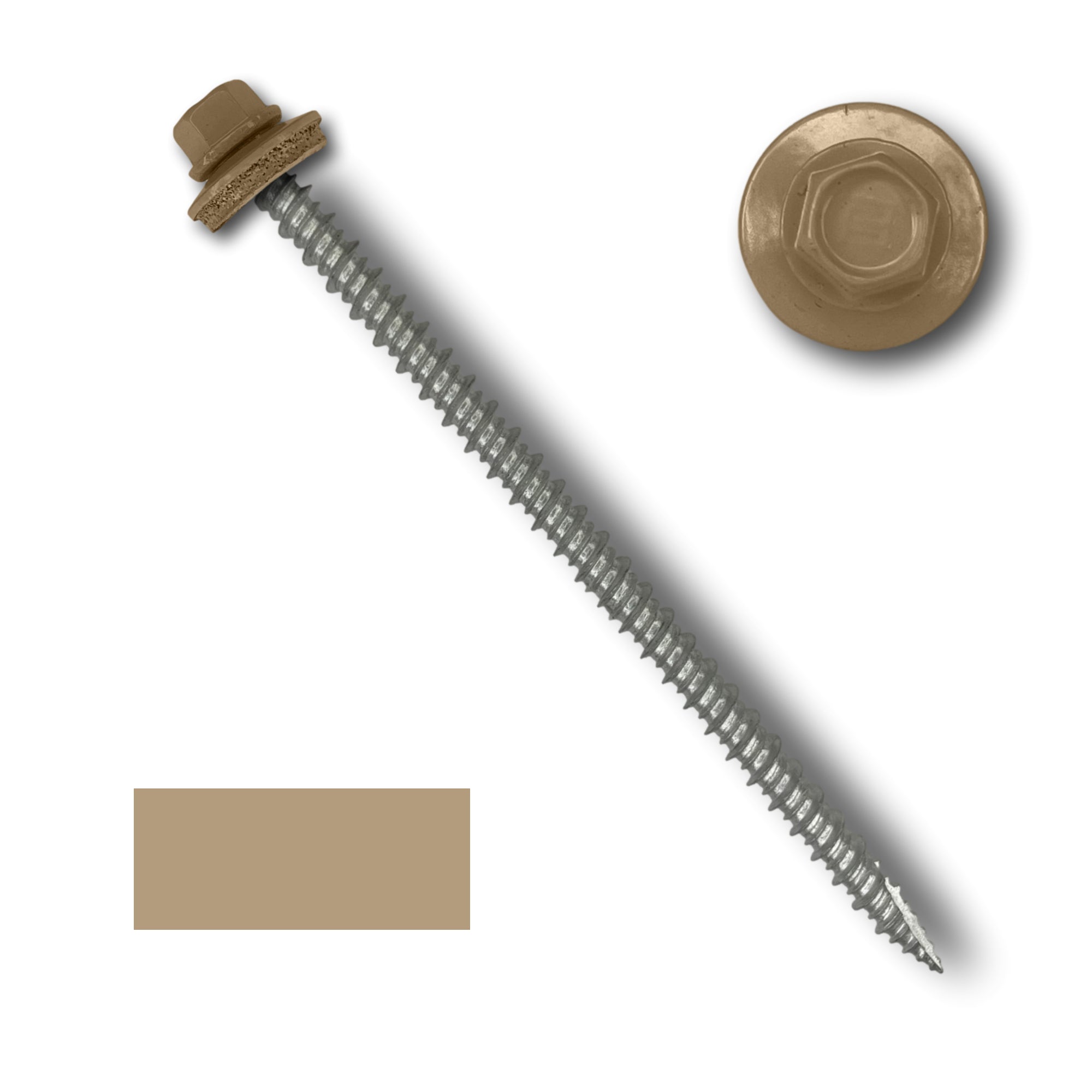 A number 10 Diameter Metal Roofing Screw that is 4 inches long with a 1/4 inch Hex Head and an EPDM Rubber Washer. The screw features a Type 17 sharp tip for drilling into wood decking. There is a color swatch of the screw head in the bottom left corner and a close-up of the screw head in the top right corner. The screw head is Sahara Tan in color.