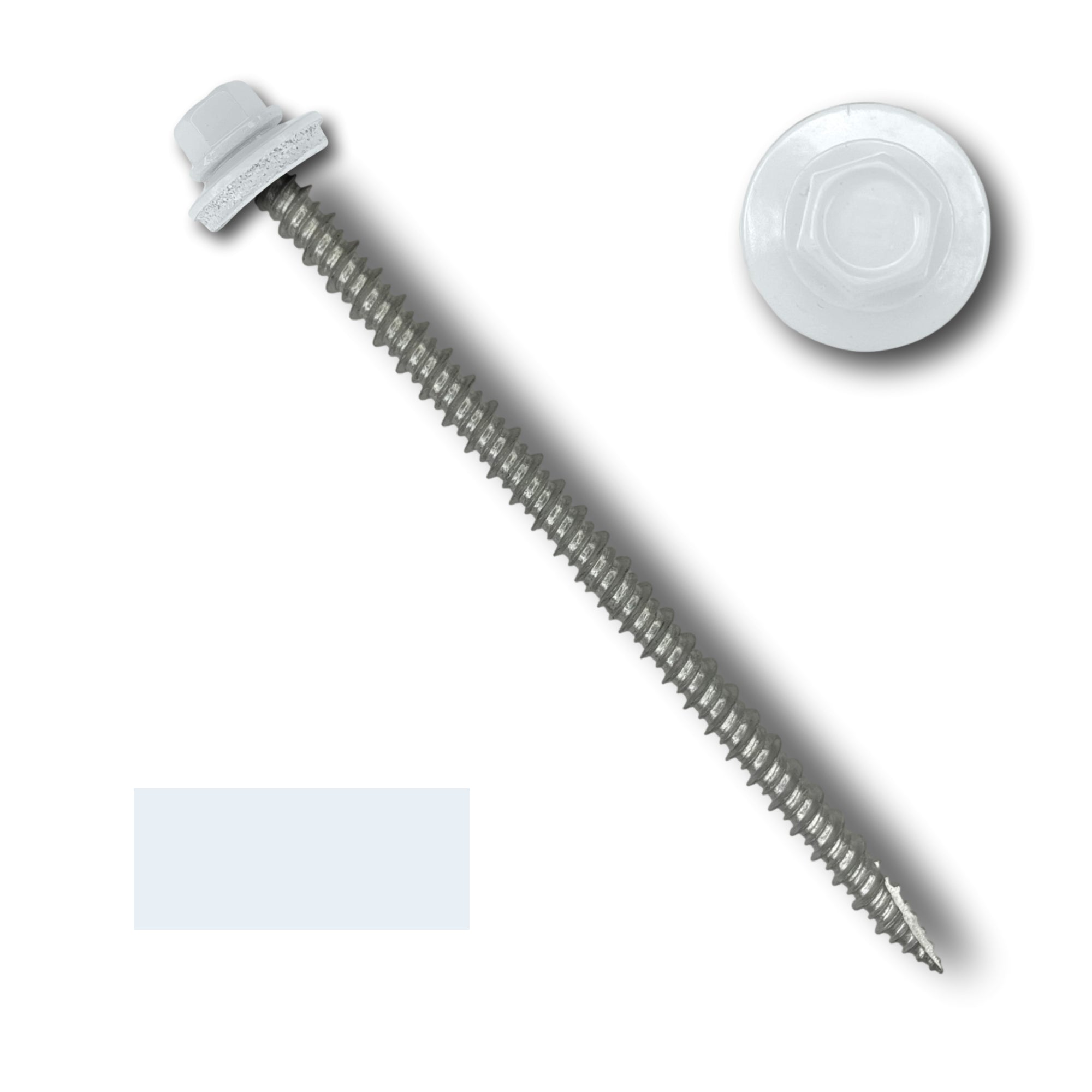 A number 10 Diameter Metal Roofing Screw that is 4 inches long with a 1/4 inch Hex Head and an EPDM Rubber Washer. The screw features a Type 17 sharp tip for drilling into wood decking. There is a color swatch of the screw head in the bottom left corner and a close-up of the screw head in the top right corner. The screw head is White in color.