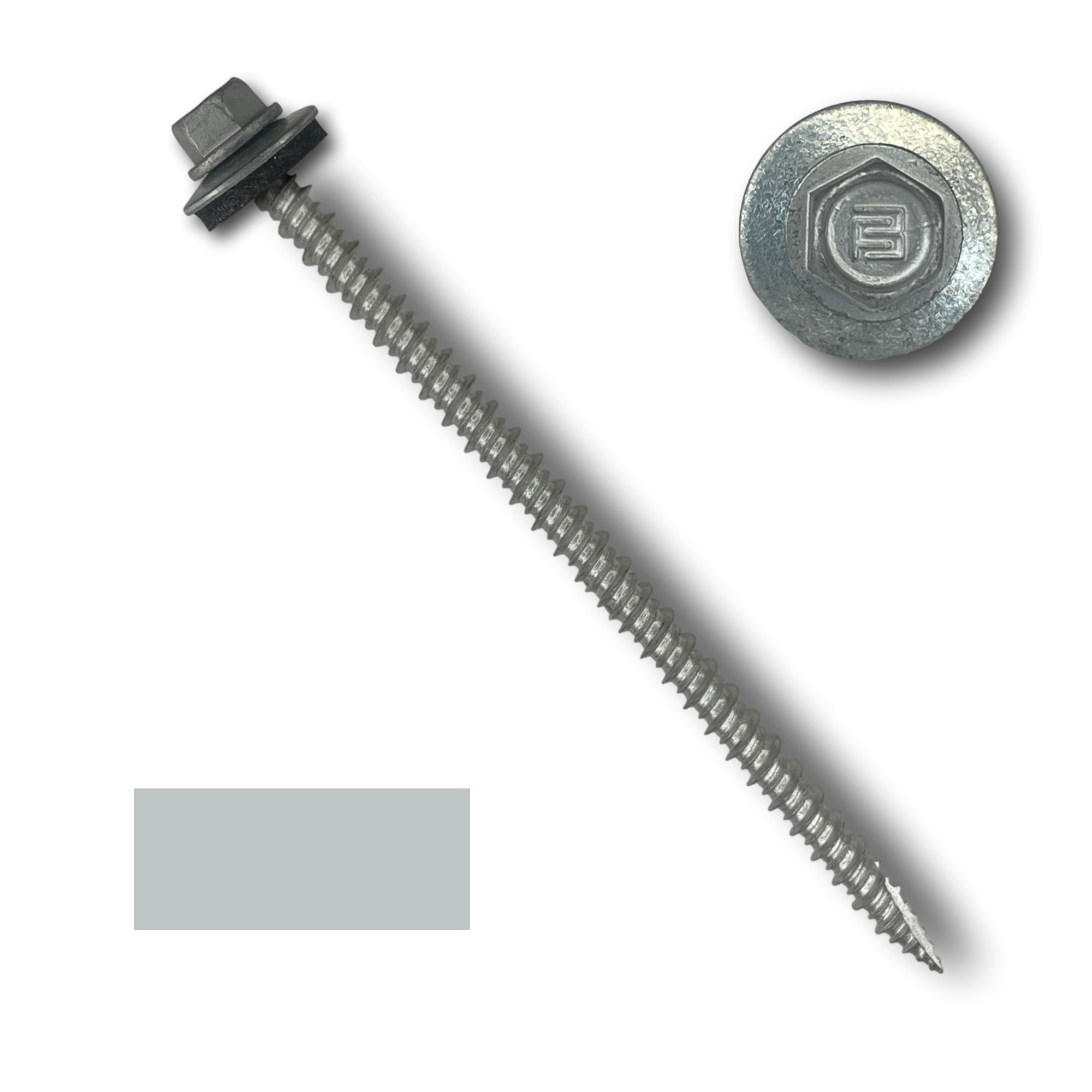 A number 10 Diameter Metal Roofing Screw that is 4 inches long with a 1/4 inch Hex Head and an EPDM Rubber Washer. The screw features a Type 17 sharp tip for drilling into wood decking. There is a color swatch of the screw head in the bottom left corner and a close-up of the screw head in the top right corner. The screw is Zinc/Unpainted in color.