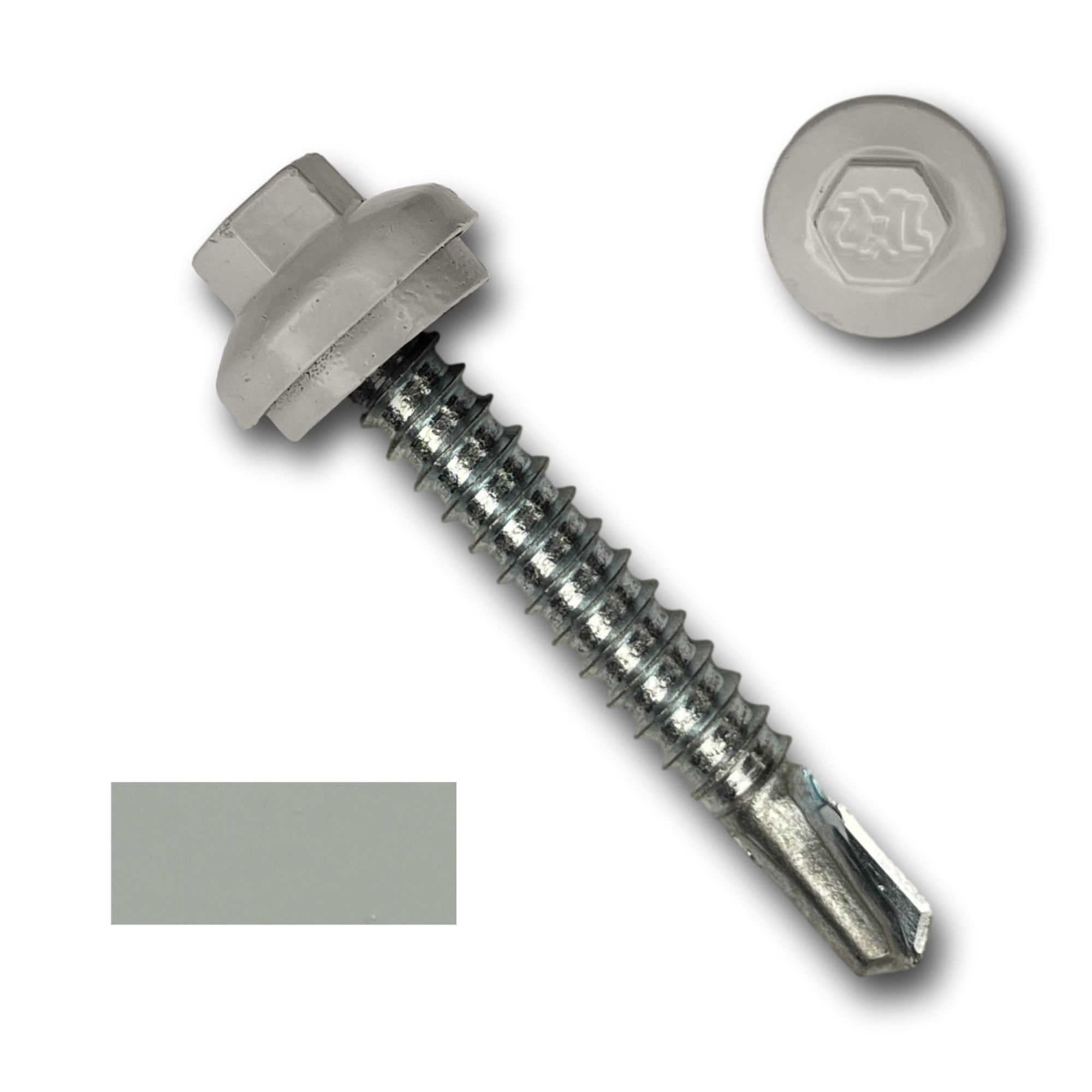 A number 12 Diameter Metal Roofing Screw that is 1.5 inches long with a 5/16 inch Hex Head and an EPDM Rubber Washer. The screw features a self-drilling tip for drilling into steel purlins and a Dome Cap that completely covers the washer. There is a color swatch of the screw head in the bottom left corner and a close-up of the screw head in the top right corner. The screw head is Ash Gray in color.
